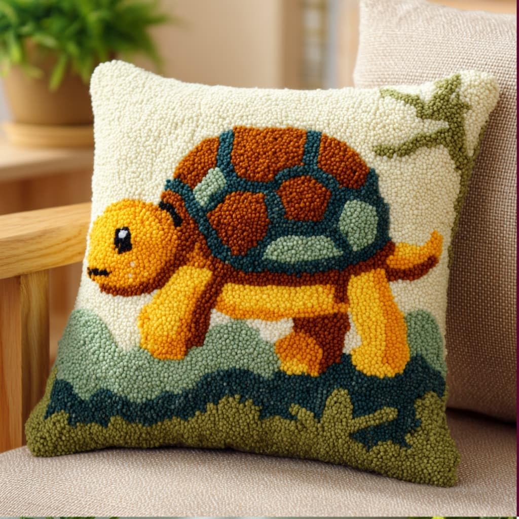WallustrioaW Latch Hook Kit Cushion Tortoise 43Cmx43Cm Latch Hook Kit DIY Pillow Materials Package Hooks Knitted Embroidered Carpet Pillow Embroidery