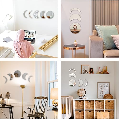 Miniatura 6 de 5 calcomanías de pared de espejo de fase lunar, acrílico, autoadhesivas, espejo de luna escandinavo, decoración de pared, decoración bohemia para el