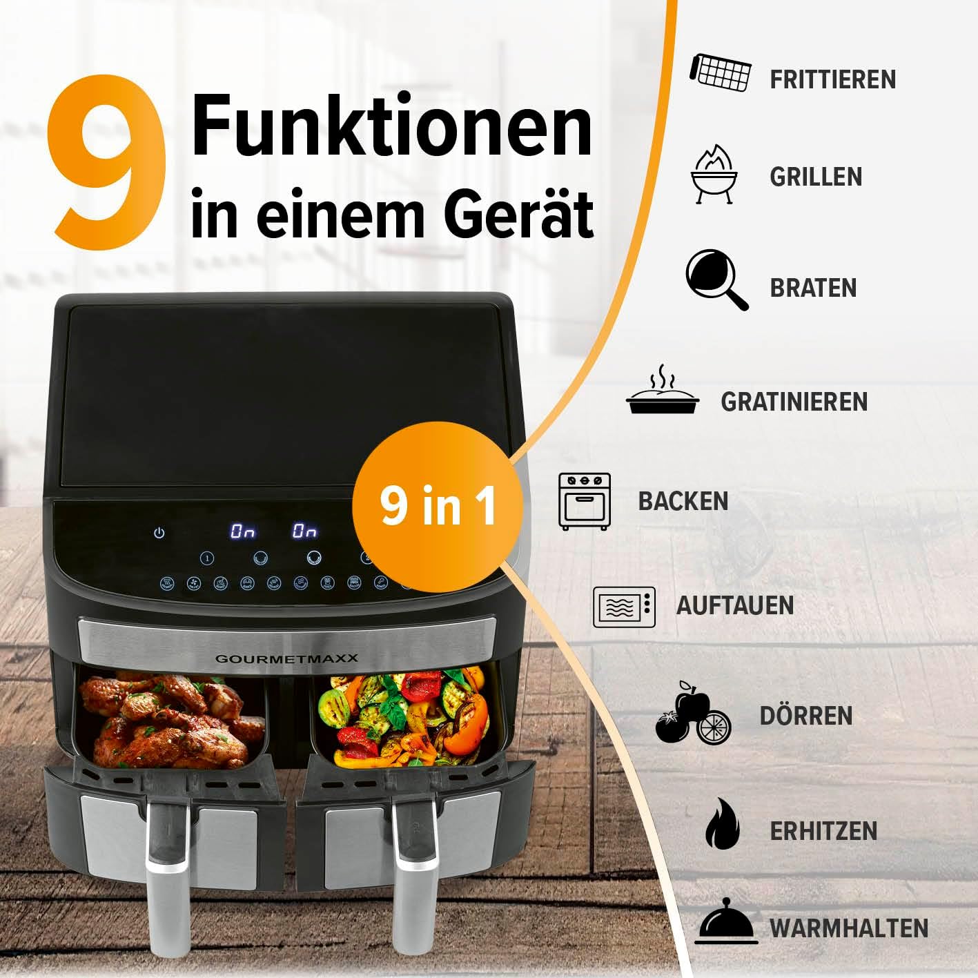 Diagram showing 9 functions of the GOURMETmaxx air fryer: Frying, Grilling, Roasting, Gratinating, Baking, Thawing, Drying, Heating, Keep Warm.