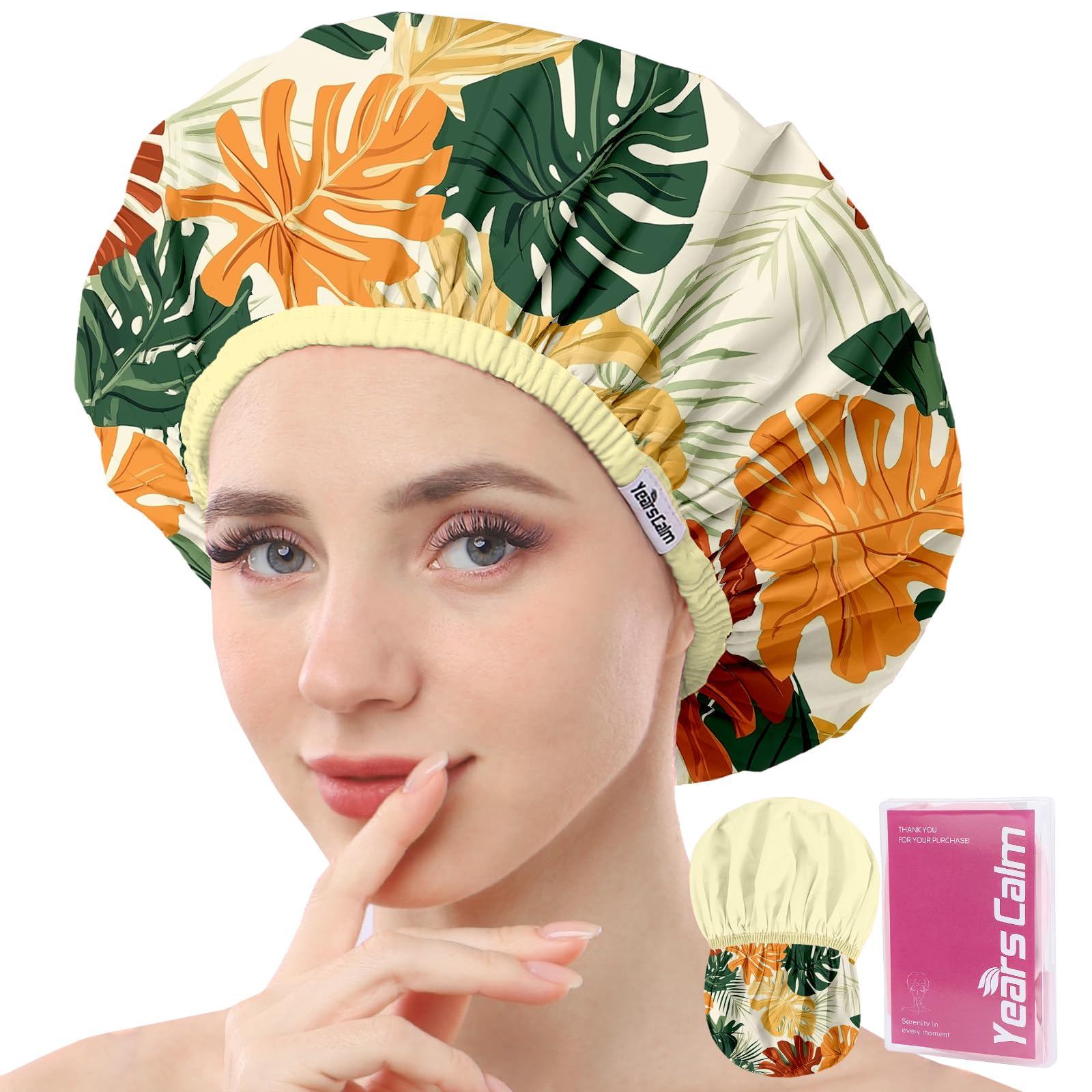 Years calm - Lot de bonnets de douche pour femmes réutilisables et imperméables – Bonnet élastique à double couche avec impression botanique tropicale pour la douche, le spa, les voyages, le bain et