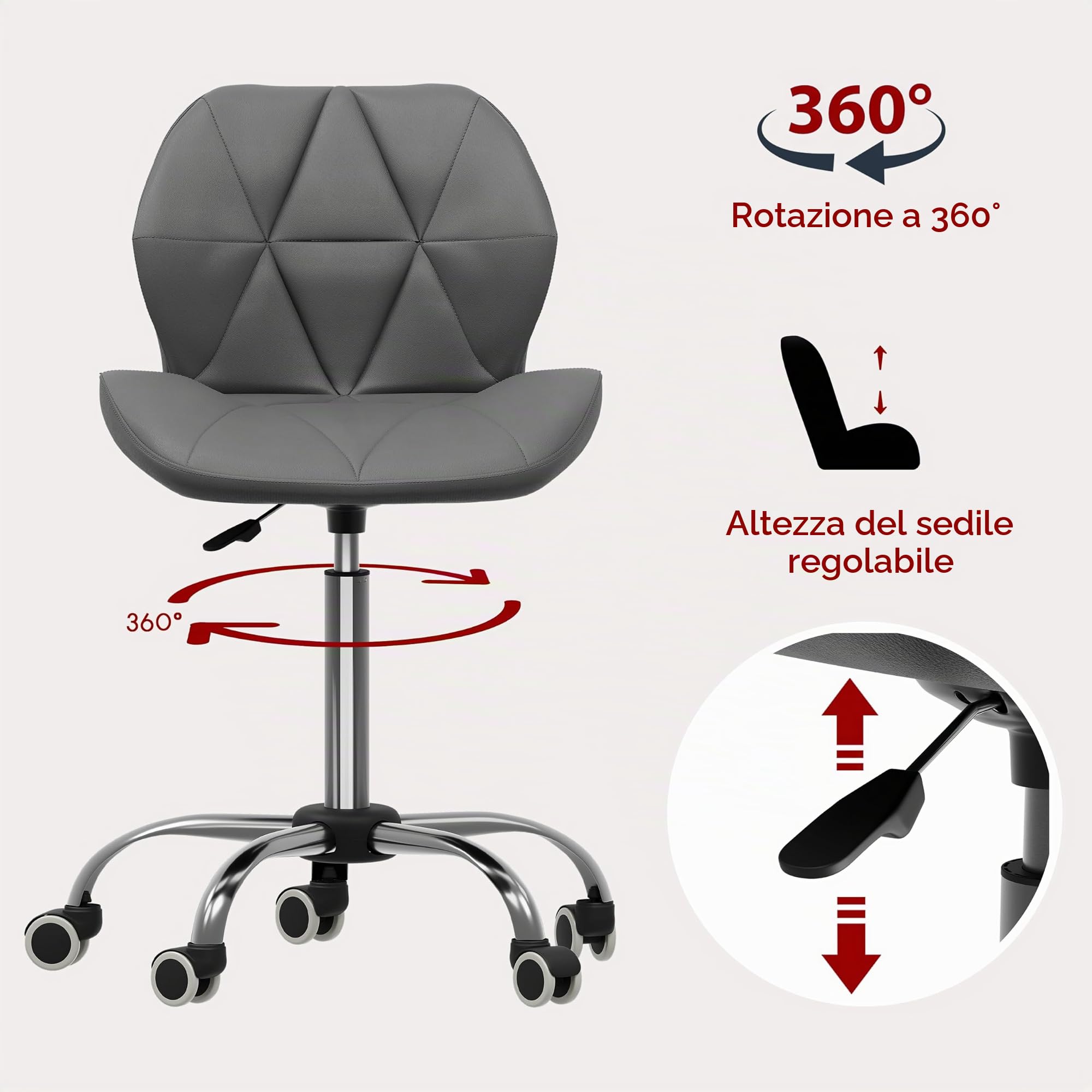 Vida Designs Geo Sedia da Ufficio per Computer, Grigio, Segretario di Gioco Regolabile Gambe Girevoli Sollevabili in Similfinta Pelle Cromata, H 80 96 x W 47.5 x D 49 cm, H 80-96 x L 47,5 x P