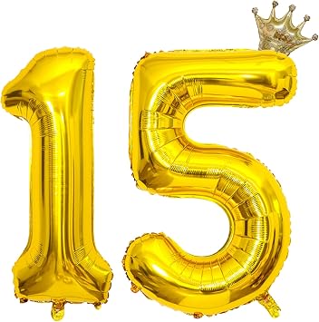 32 Inch Number 15 Gold Crown Balloon Set,15th Celebration Decorations for Happy 15th Birthday Party Wedding Bridal Shower Engagement Photo Shoot Anniversary Decoration, Gold 15 Balloon