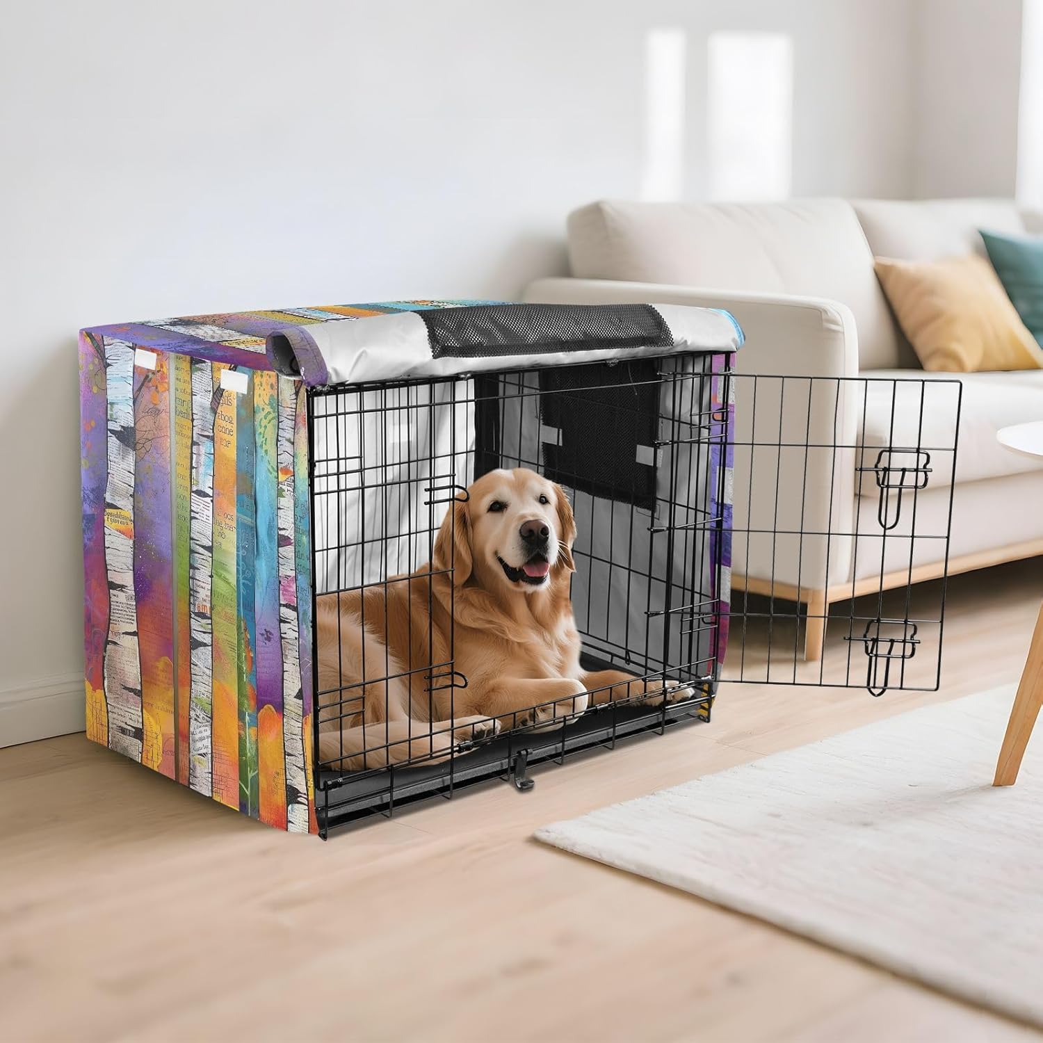Three Colorful Birch Trees Dog Crate Cover S-XL Breathable Pet Cage Cover with Mesh Windows, Reduces Barking, X-Large