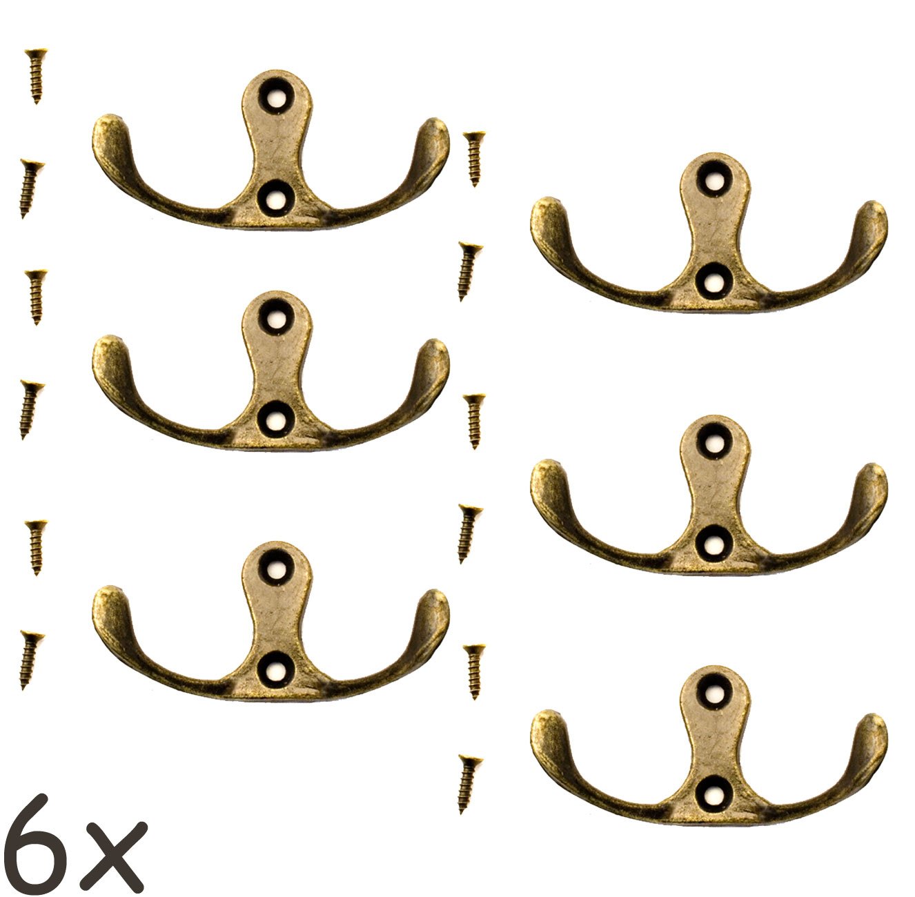 Fuxxer® Gancio doppio antico, gancio per cappotto, gancio per asciugamano, gancio in ferro con design in ottone e bronzo, vintage country house retrò, set da 6