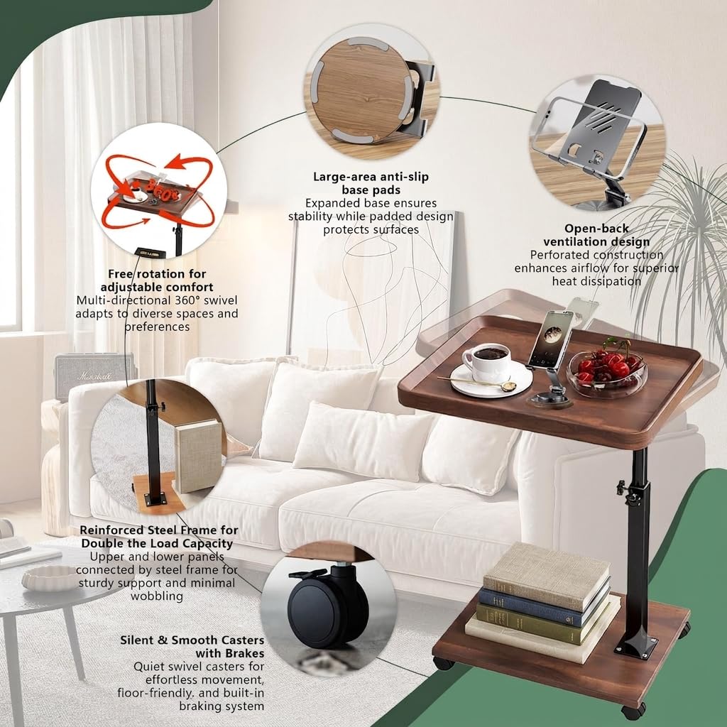 Tavolino Laterale Regolabile con Ruote – Altezza 45–80 cm, Design Rotante a 360°, Piano in MDF con Effetto Legno Noce, Struttura in Metallo Resistente, Tavolino Compatto per Divano, Letto, Sog