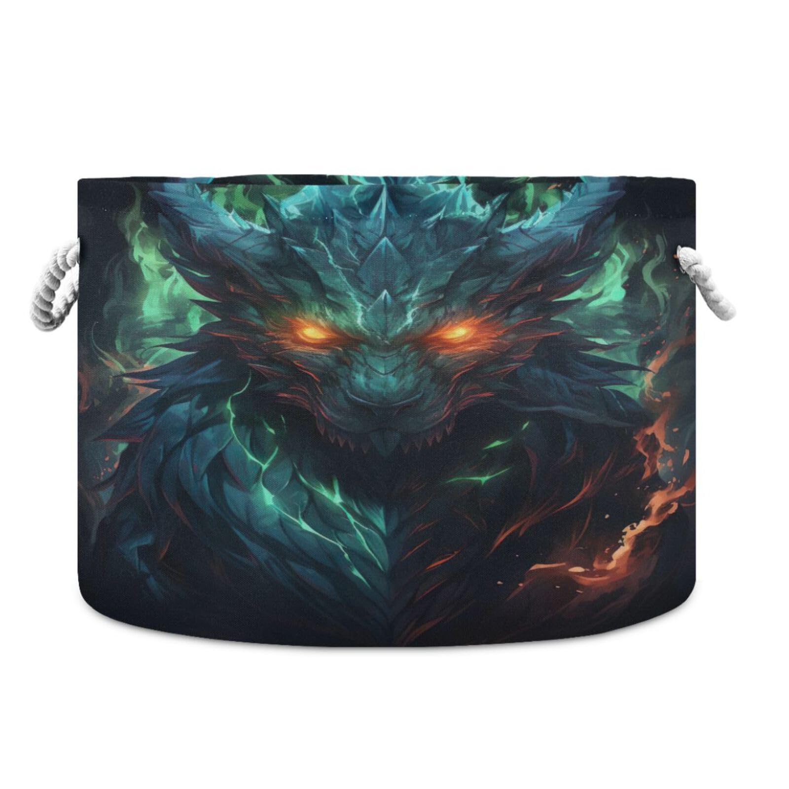 Round Green Fire Flame Dragon Storage Basket Large Organizer Bin Laundry Hamper Toy Storage Basket with Handle for Nursery Clothes Toys 202b5300