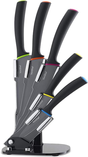 VonShef 5 Piece Knife Set - Bright Multi-Coloured Knife Block - Stainless Steel Contemporary Kitchen Knives with Ergonomic Handles - for Cutting, Slicing & Chopping
