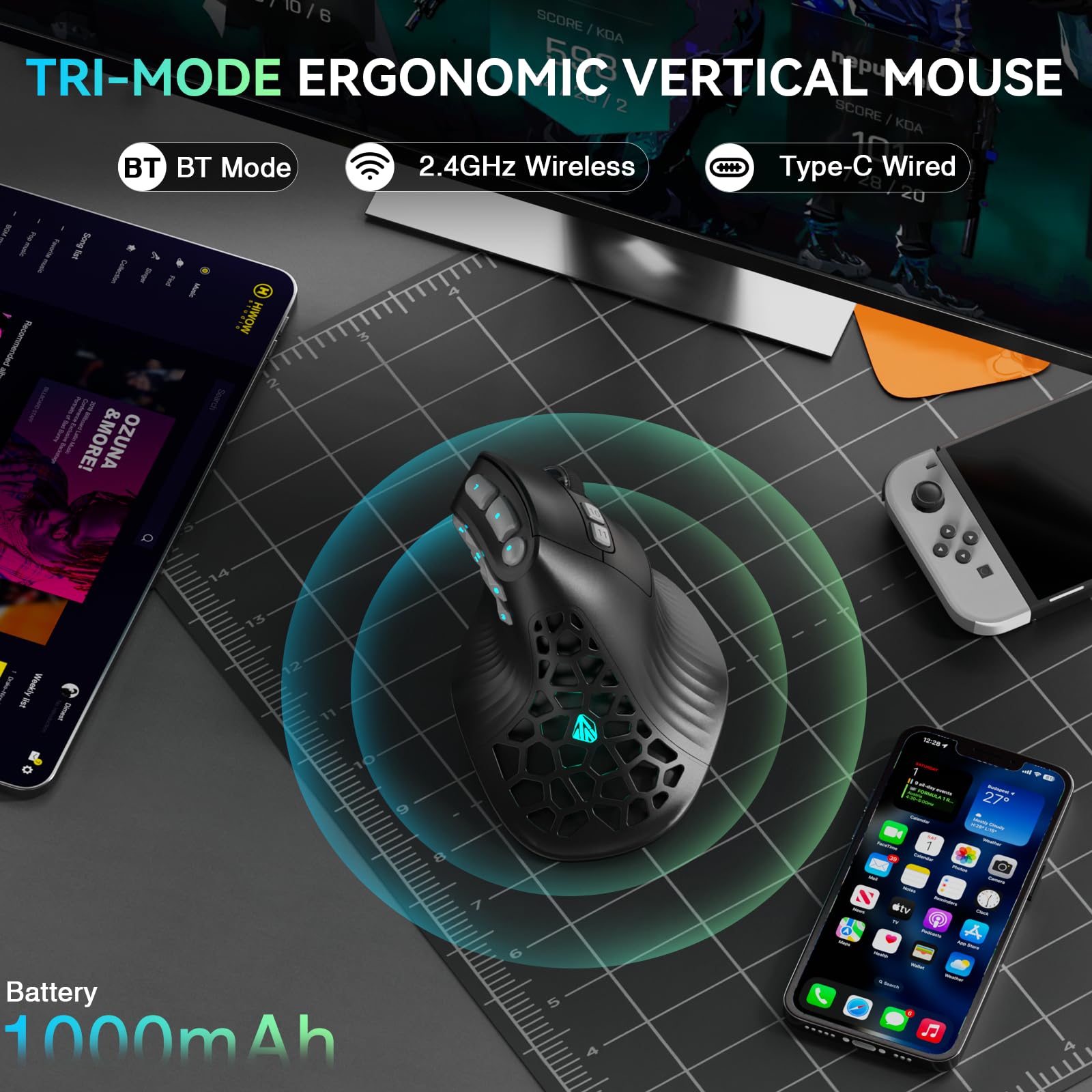 SOLAKAKA E9 PRO Vertikale MMO Gaming-Maus mit 8K-Dongle, 36000 DPI PAW3395 Sensor, 8.000 Hz Polling-Rate, Tri-Modus, ergonomische kabellose Maus mit 10 Seitentasten, RGB-Maus für PC/Mac, Schwarz