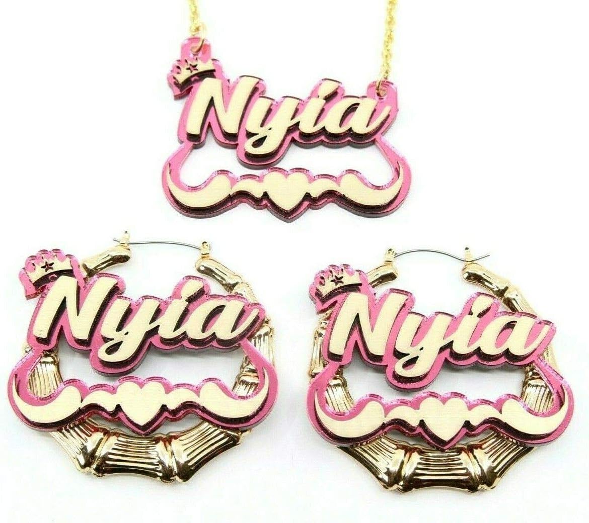Name Necklace Plate Personalized Custom Nameplate and 2.5" Bamboo Gold Earrings With Swirls Heart and Crown on Top Jewelry Set Color Choice Laser Cut Gold Script Cursive Letters, Quality Gold Chain