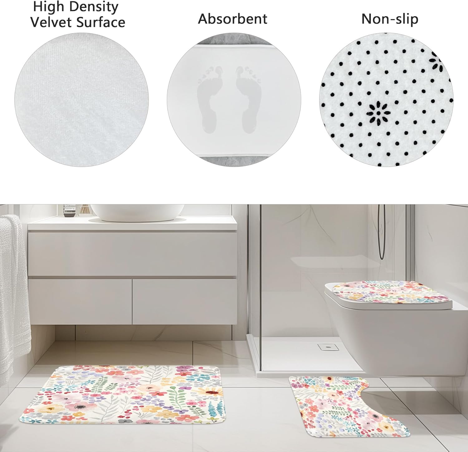 Riyidecor Pink Girls Floral Cute 4Pcs Shower Curtain Set with Toilet Lid Cover and Non-Slip Rugs,Flower Spring Kids Summer Bathroom Decor Set，Girly Women Colorful Contour and Bath Mat with 12 Hooks