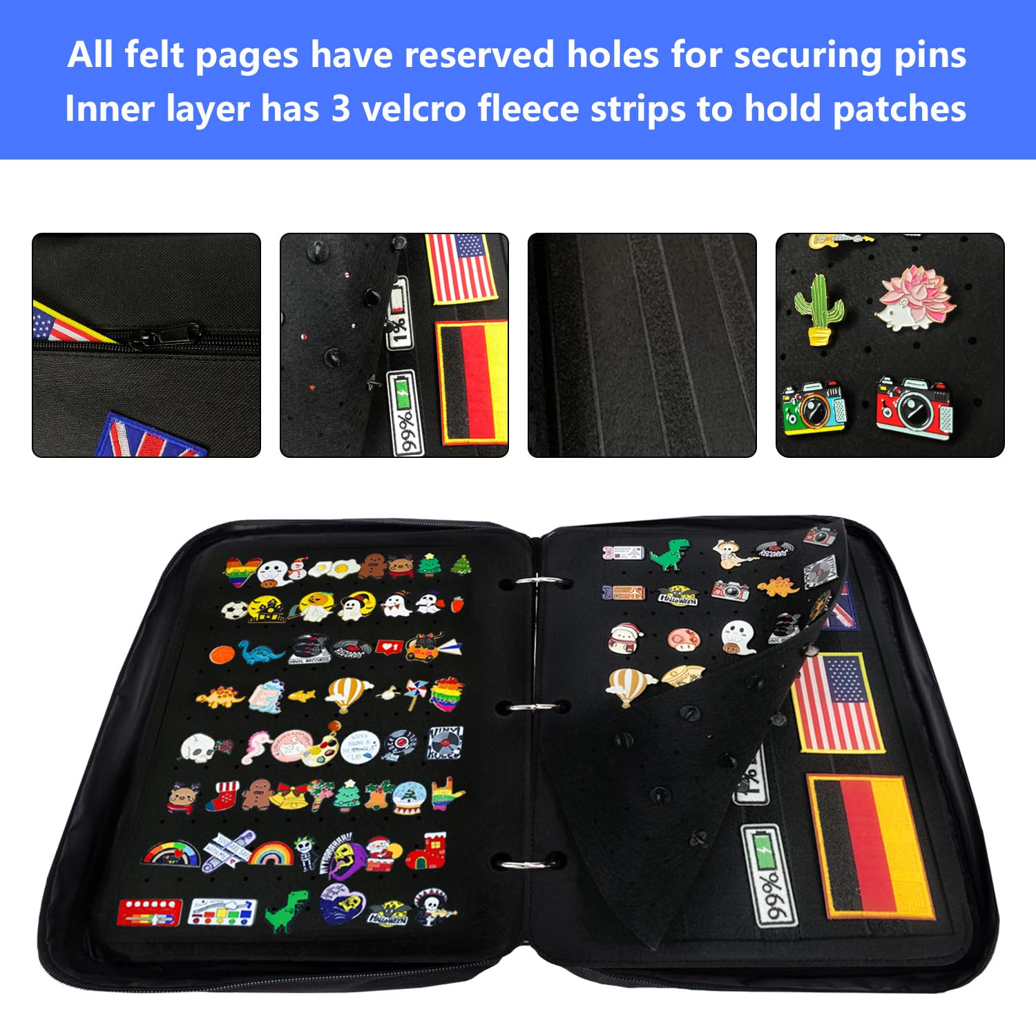Mi Ya Mi Lai Raccoglitore a 3 anelli, formato XL, per collezionisti, con pagine in feltro su entrambi i lati, contiene oltre 300 spilli e 50 patch, organizer staccabile (nero)