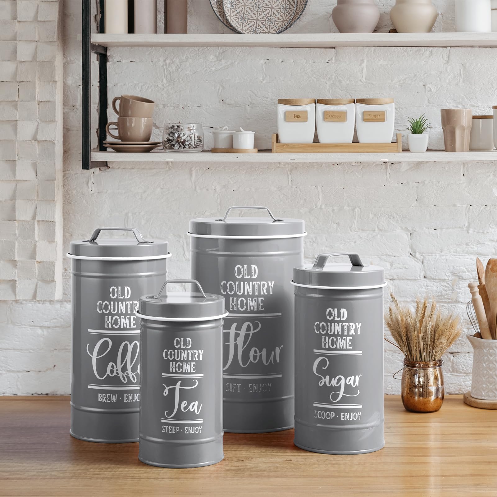 DAYYET Graue Dosen-Sets für die Küche, luftdichte Küchenbehälter für Arbeitsplatte, Mehl- und Zuckerbehälter, Tee-, Kaffee-, Zuckerdosen-Set, graue Küchendekoration und Zubehör, 4er-Set