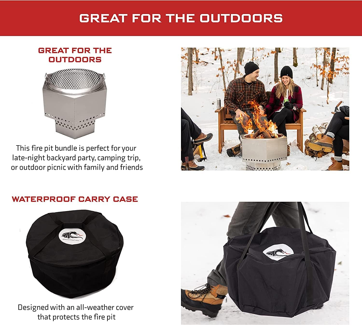 Dragonfire Portable Smokeless Firepit, Accessories Included: Grill, Base Stand, Carrying Case. Wood Pellet/Log Burning Outdoor Fire Pit. Stainless Steel, 22 Inch, Nesting Base for Compact Storage.