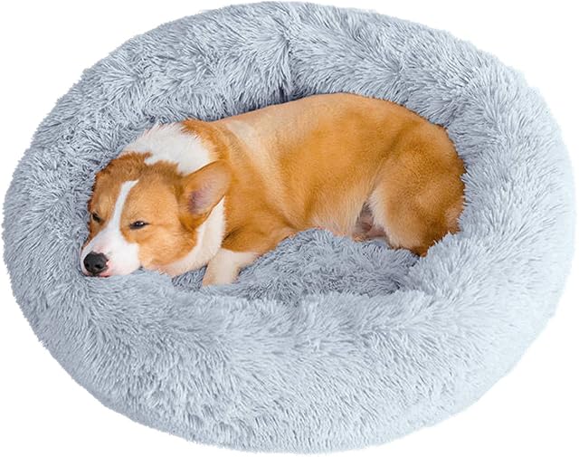 WEASHUME Calming Dog Cat Bed 50/70/85/100 Plush Donut for Large Medium Small Dog Cat Calming Anxiety Relief Fluffy Soft Cuddler Round Pet Nest Orthopedic Relief Anti-Slip Light Grey M 70cm