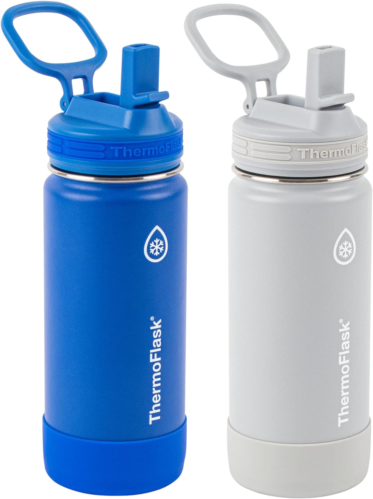 ThermoFlask Kids 16 oz Insulated Water Bottles with Straw Lid BPA-Free Stainless Steel Leakproof & Spill-Proof Design Easy Clean Wide Mouth 2-Pack for School, Sports, Playdates, Blueberry/Wolf Grey