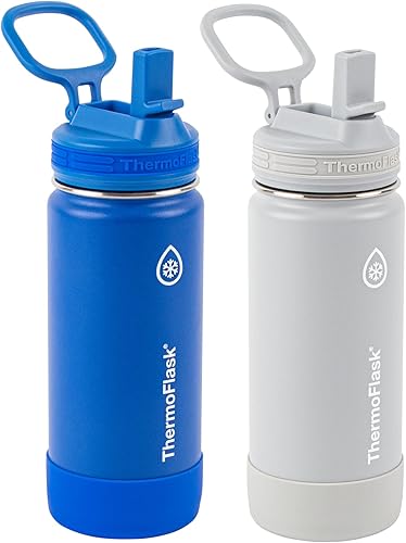 ThermoFlask Botella de agua de acero inoxidable con aislamiento al vacío de doble pared con tapa con pajilla, 16 onzas, paquete de 2, arándano  gris