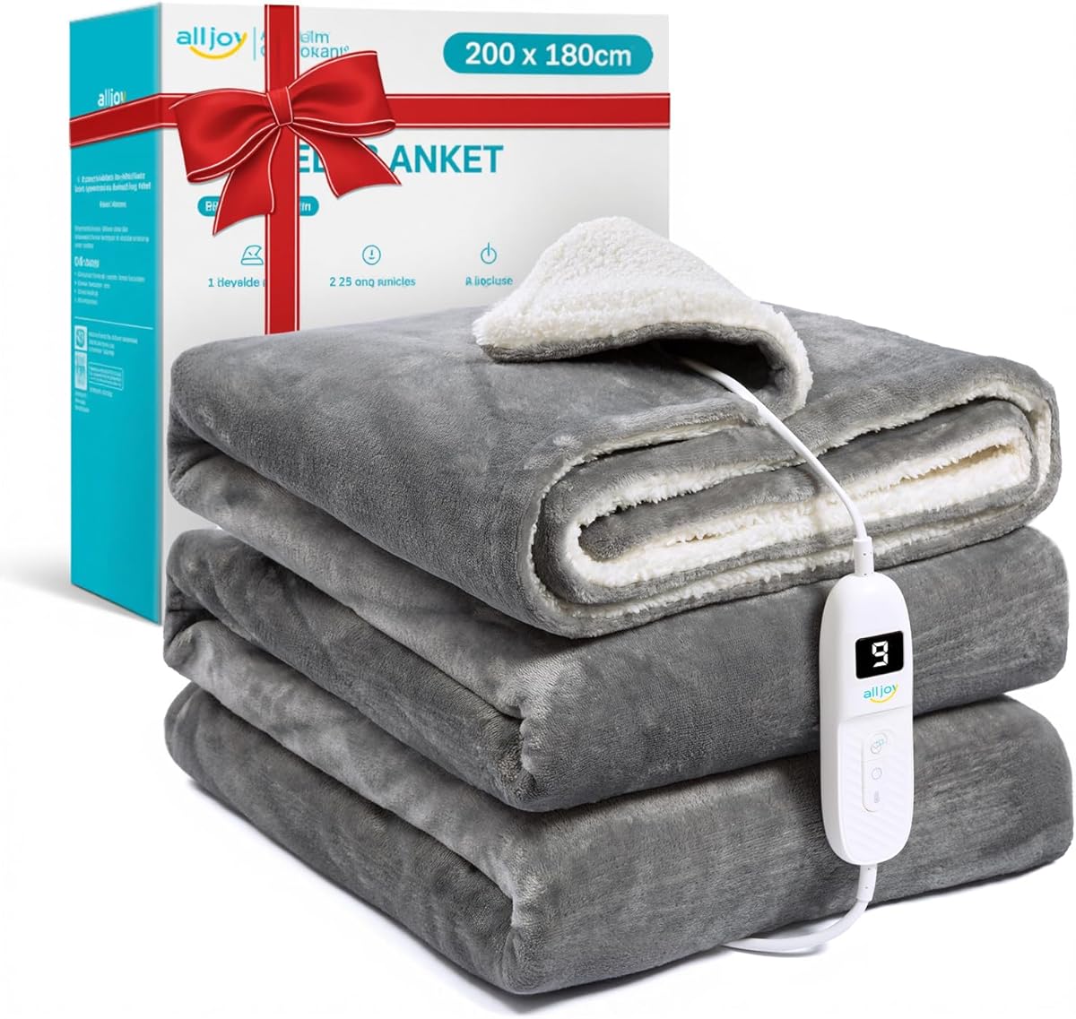 ALLJOY Heated Electric Blanket Throw, 200 x 180cm Large Heated Throw Blanket with 6 Heat Levels, Auto Off, Overheat Protection, LCD Display, Soft and Fast Heating for Home Office Use, Machine Washable
