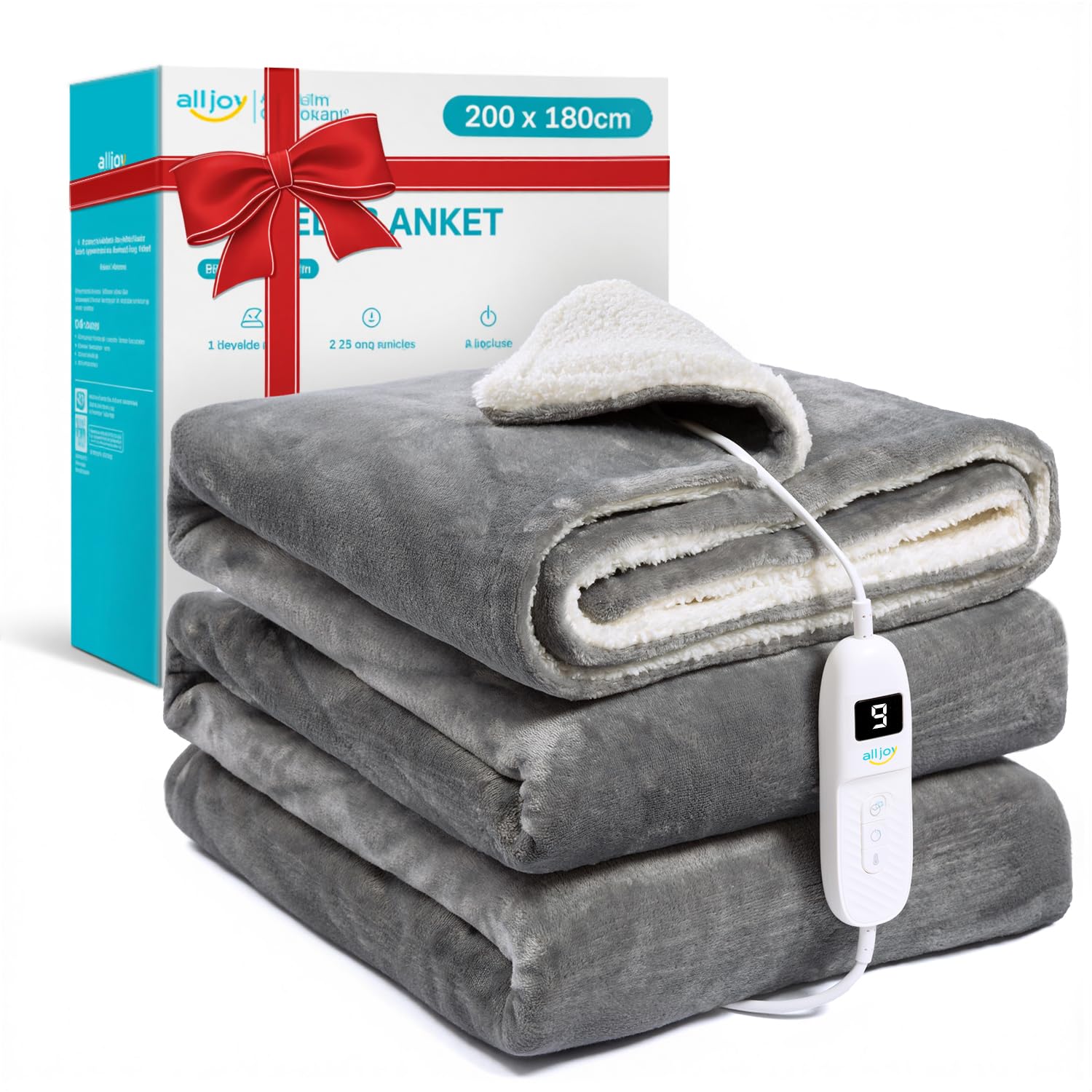 ALLJOY Electric Blanket Extra Large, 200 x 180 cm Thermal Blanket with Automatic Shut-off 9 Levels, 9 Heat Levels, 8.5 FT Electric Cord, Machine Washable, Home and Office Gifts Women Men Global Recycled Standard Global Recycled Standard Global Recycled Standard