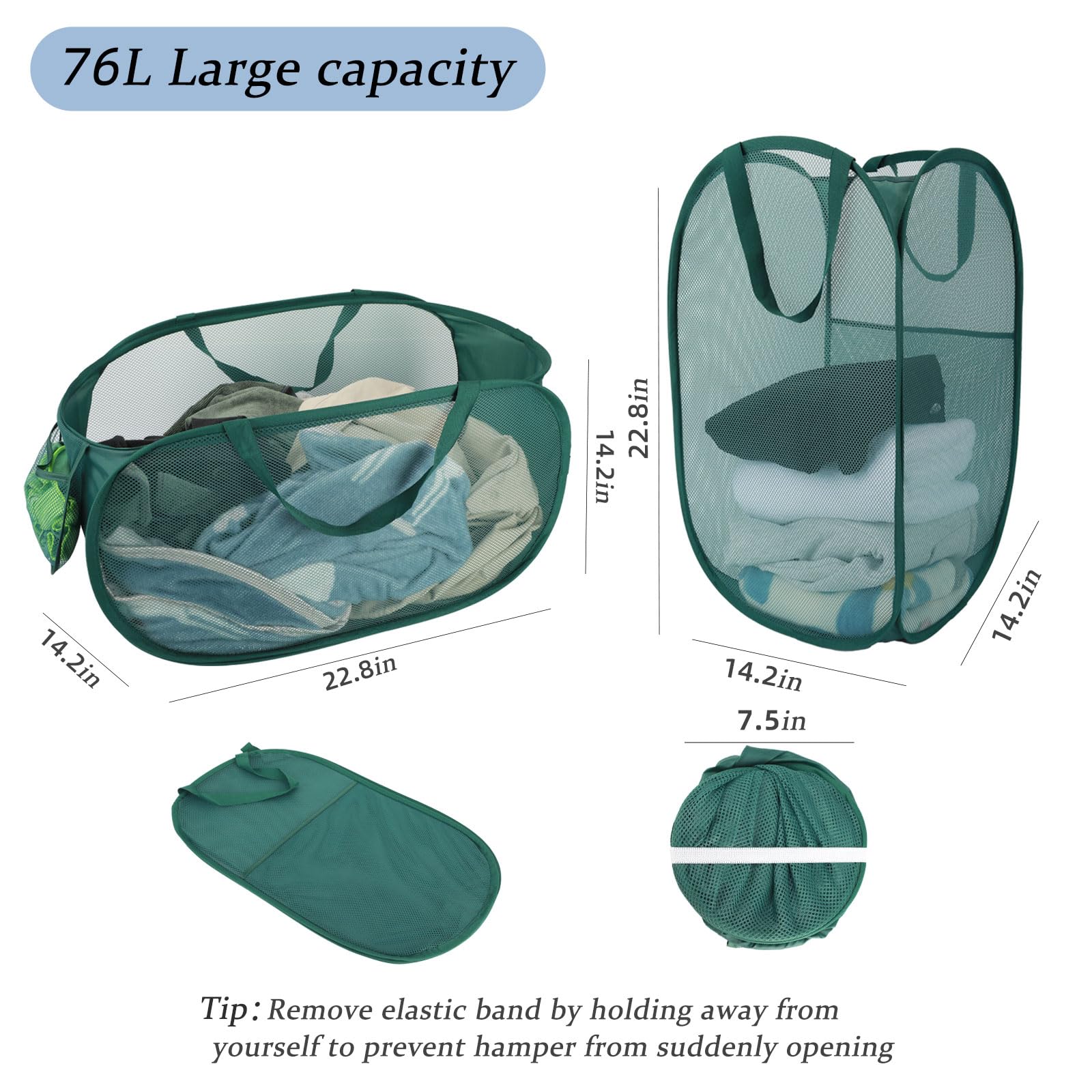 Collapsible Laundry Basket 2 pack, Mesh Pop Up Laundry Hampers with Handles, Anti-tear, Light Breathable, Odor-free, Fold Compact, Large Hold Portable Travel Laundry Bag for Home Bin, Green. H+V