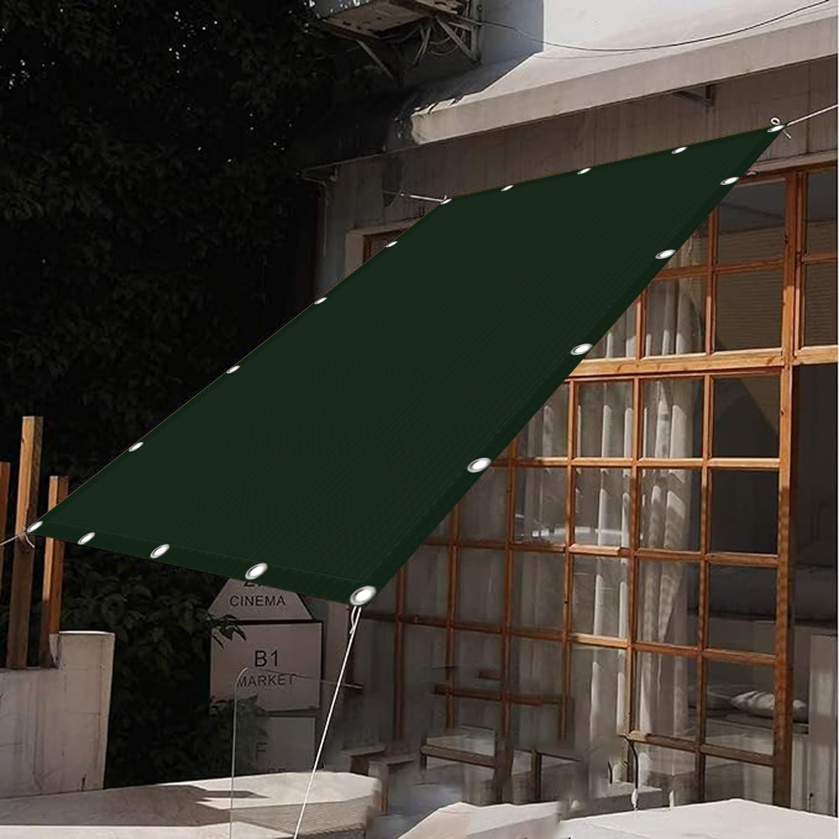 UV-Block-Markise, 3,7 x 3,7 m, wasserdicht und sonnenbeständig, Unterschlupf für Terrasse, Outdoor, Dunkelgrün, Schattenüberdachung, mit gratis Seil