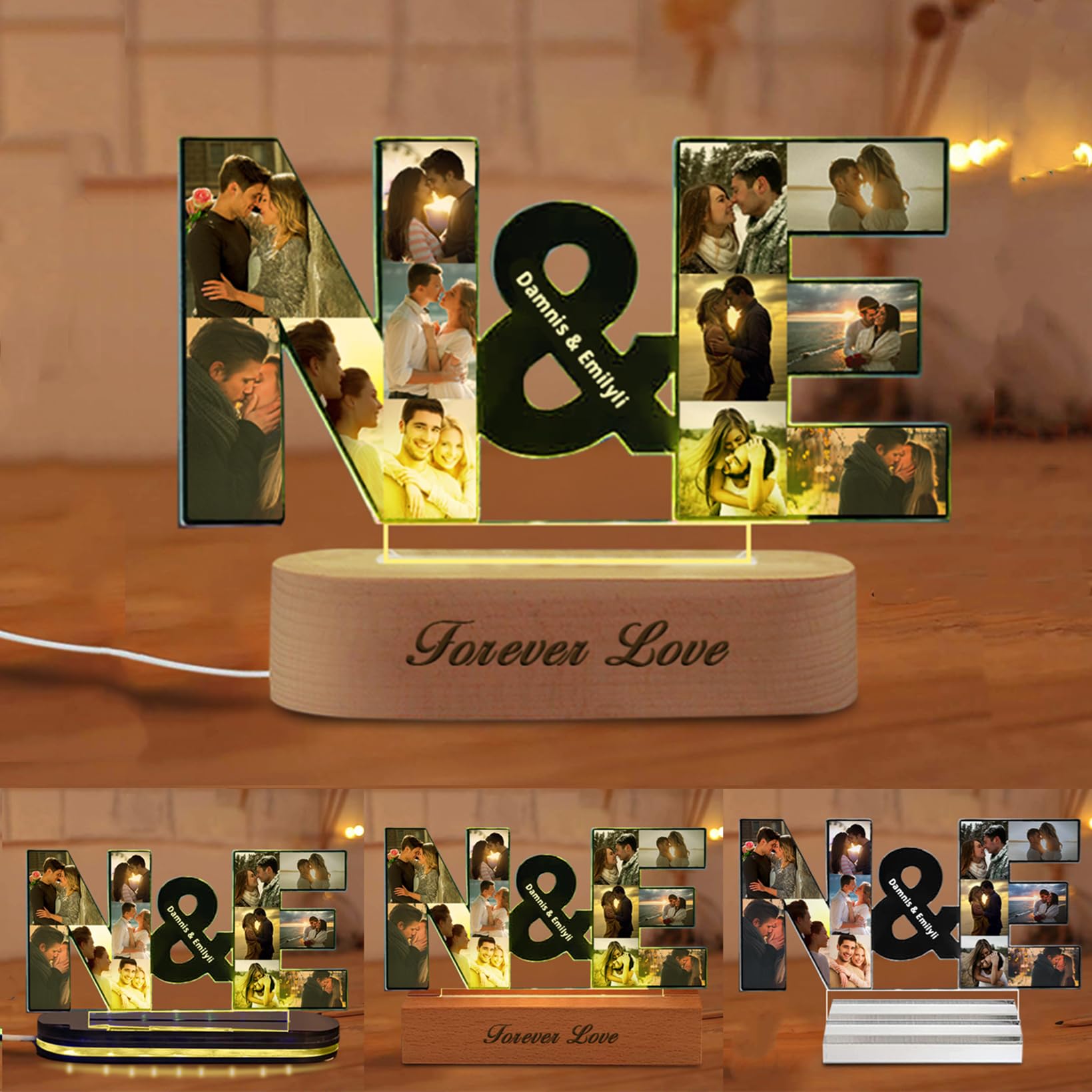 Personalized Couple Letter Acrylic Lights Custom 1-20 Photos Photo Collage Acrylic Ornament Valentine's Day Alphabet Lamp Wedding Home Decor Gift for Lover Family Girlfriend Newlywed Dad Mom