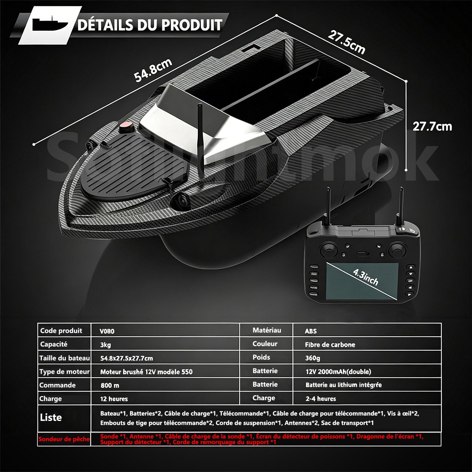 Bateau amorceur GPS echosondeur avec sondeur de pêche + Dual GPS BeiDou, 800 m portée,180 waypoints,largage 3 kg,livraison appâts,pose hameçon,traction filet,kit complet performant pour la pêche