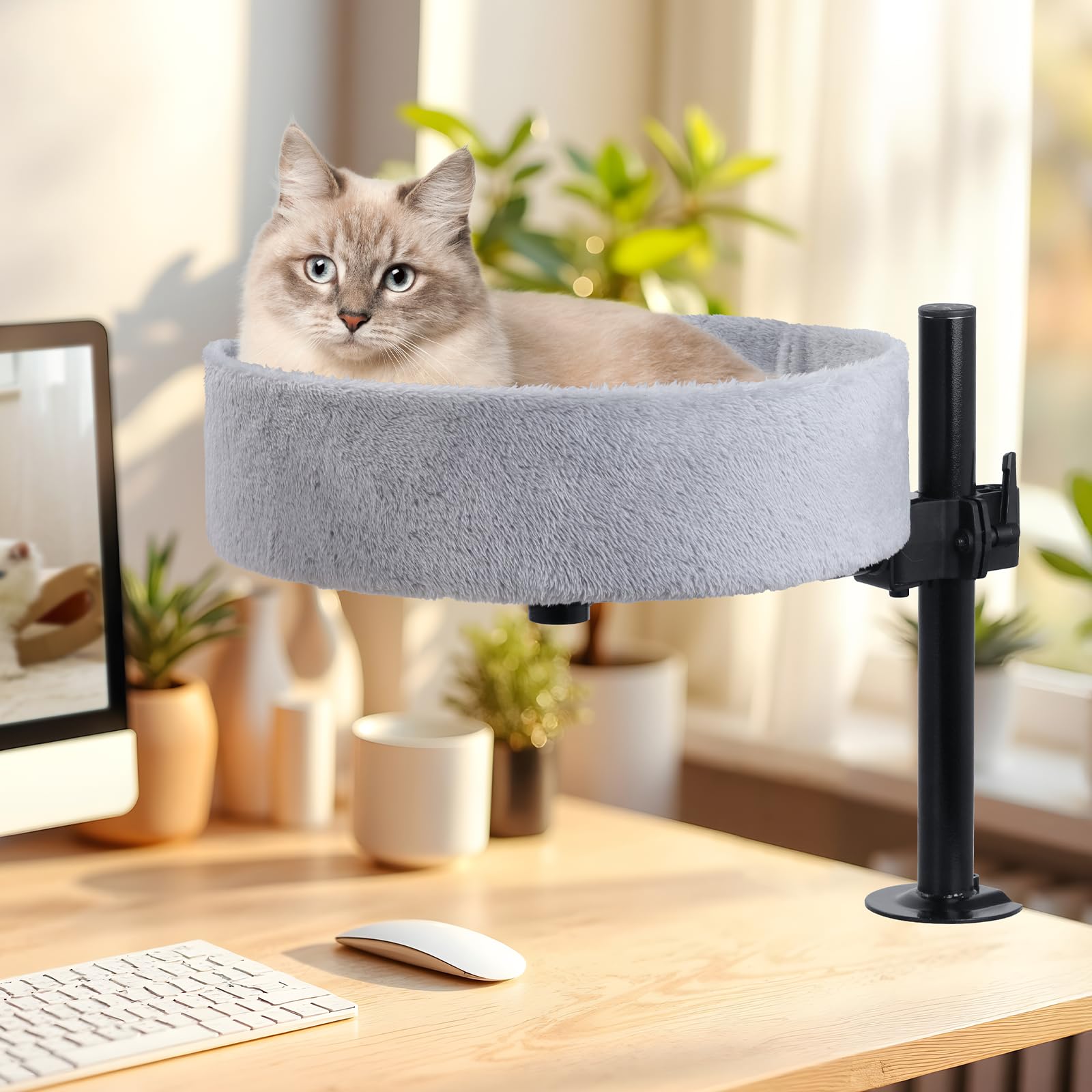 Cama para Gatos para Escritorio, sin taladrar, rotación de 360°, Altura Ajustable, casa elevada para Gatos sobre el Escritorio (​​Gris, XL)