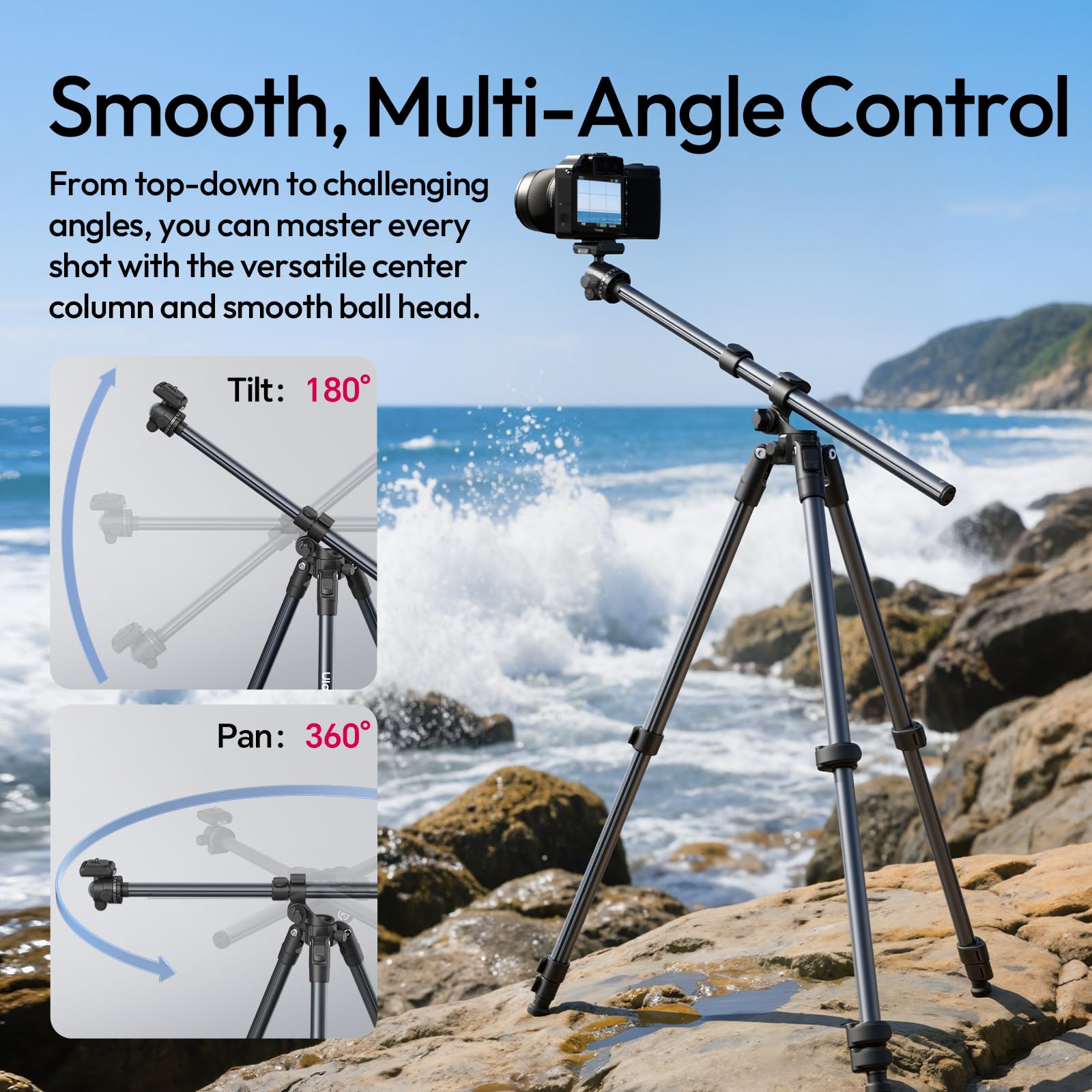ULANZI TT59 Trípode Horizontal para Cámara 175 cm con Rótula Esférica Ppanorámica 360° con Cambio Rápido Uka y Columna Central Vertical de 180° para DSLR/Teléfono Móvil, Capacidad de Carga de 10 kg