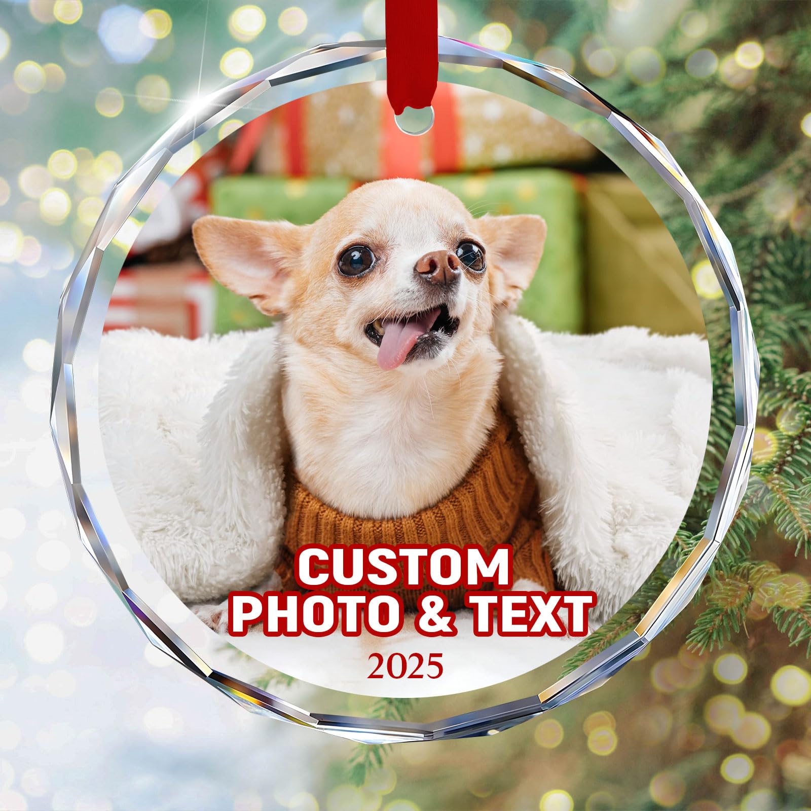 Personalized Christmas picture Ornaments 2025, Custom Photo/Text/Name Crystal Glass Keepsake, Customized Xmas Bauble Decor Gift for Couple Family Pet Bridal (Photo Ornament)