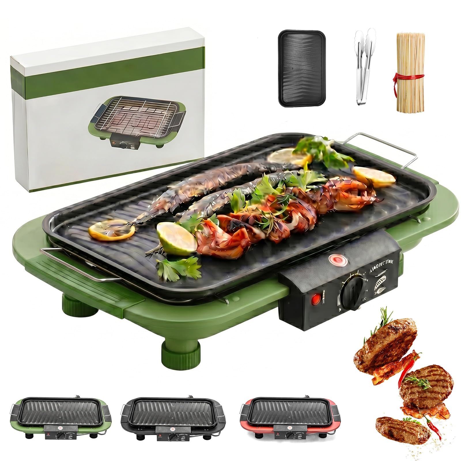 Bolexa Green 2000W Electric Bbq Grill, Smokeless Indoor & Outdoor Portable Barbecue With Removable Stand, 6 Temp Settings & Double Heating Tube, Includes Grilling Tongs, Skewers, And A Grill Pan.(Green)