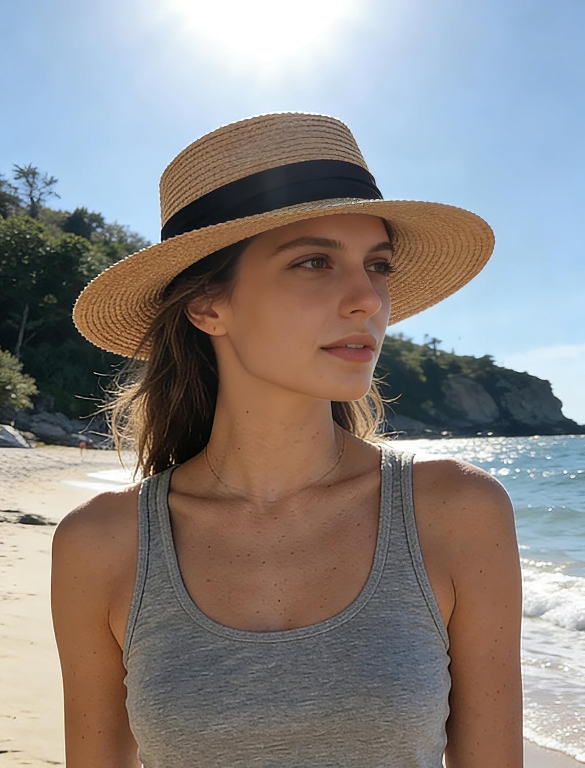 Women's Wide Brim Straw Sun Hat UPF50+ Drawstring | UPF50+ wide brim straw hat, adj. drawstring, fits 21.3-22.8in, lightweight, hand wash, 4 colors, beach/garden.