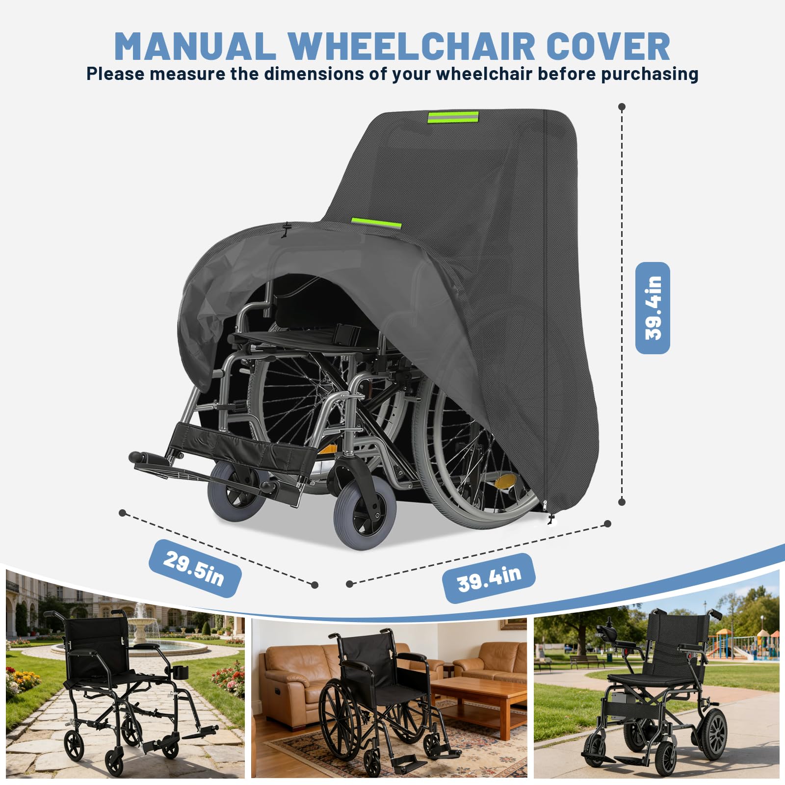 Copertura per sedia a rotelle manuale, copertura protettiva per sedia a rotelle, Oxford 600D impermeabile per bicicletta, scooter, con striscia fluorescente, 100 * 100 * 75 cm (Grey)
