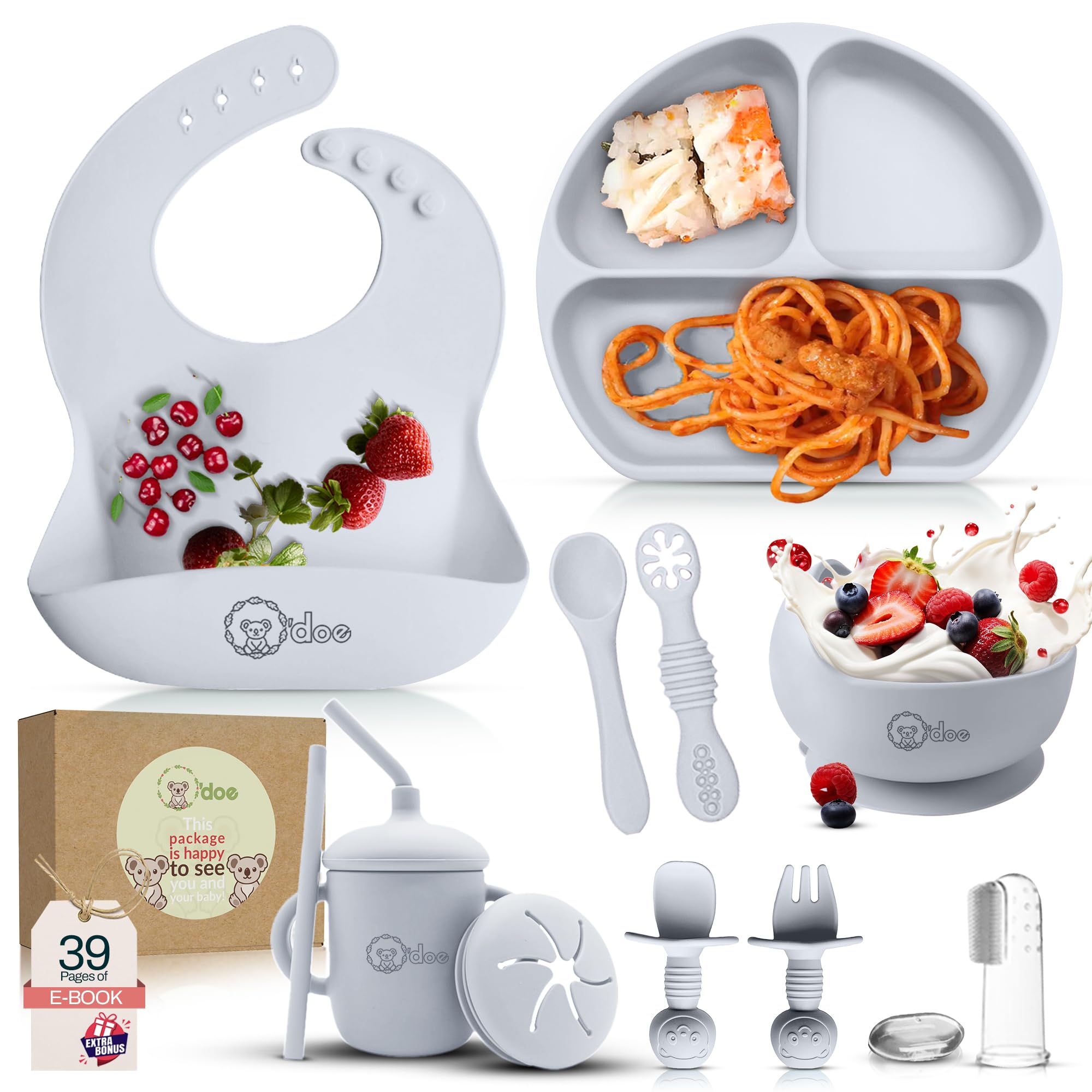 O’doe 11-Piece Baby Weaning Set | Silicone Feeding Supplies for Toddlers | BPA-Free Suction Bowl, Plates, Bibs, Sippy Cup, Baby Spoon, Fork, Food Containers & Newborn Gift Set