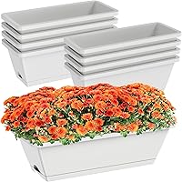 Tectsia 8-Pack 17 Inch Rectangle Window Box Planters with Drainage Holes & Trays - Light Grey Plastic Flower Herb Pots for Indoor Outdoor Windowsill Garden