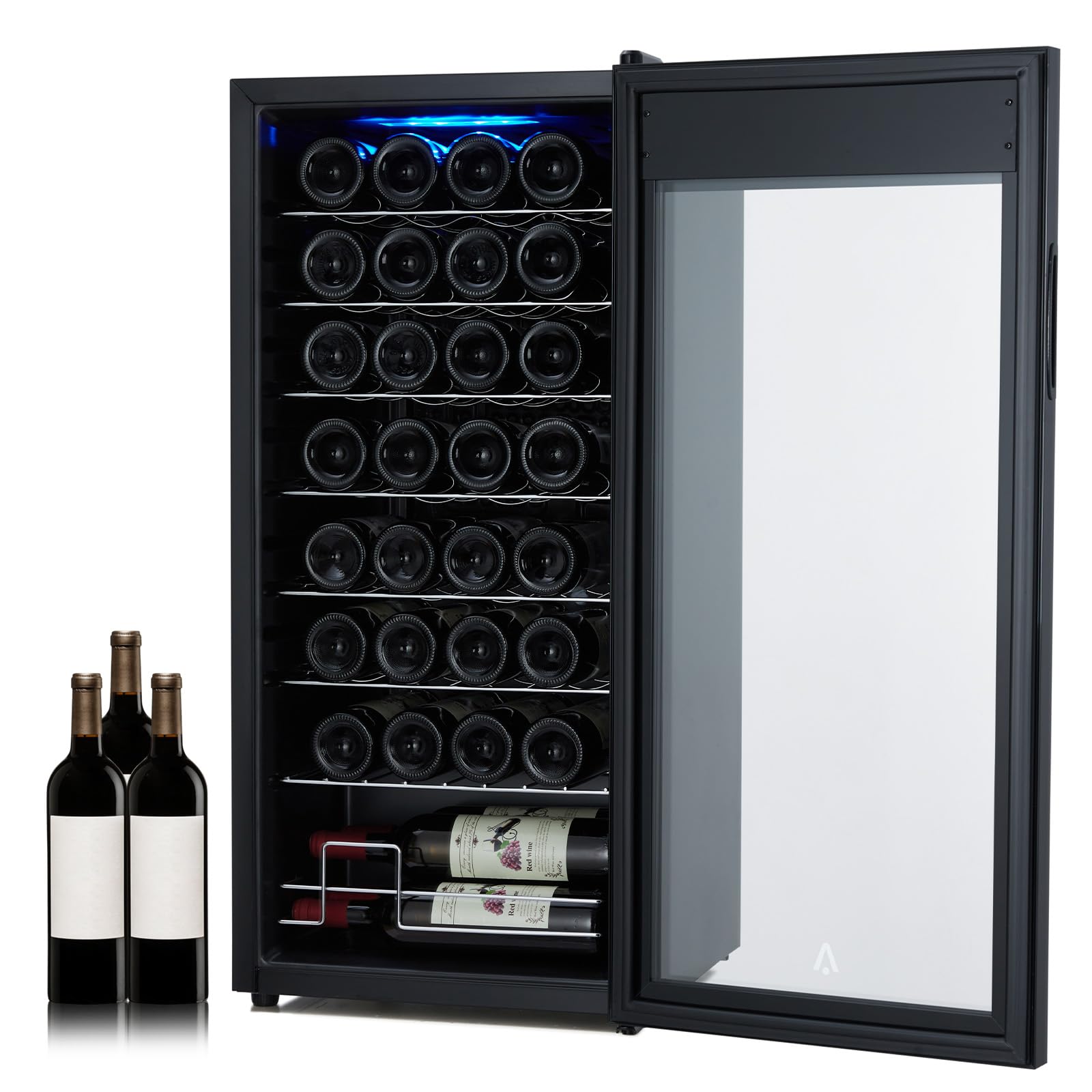 Wine Cooler Refrigerator - 32 Bottle Capacity, Freestanding or Built-In Wine Fridge With Precise Temperature Control and Child Safety Lock for Red, White, and Sparkling Wines - Sleek Black Design on Fridge.com