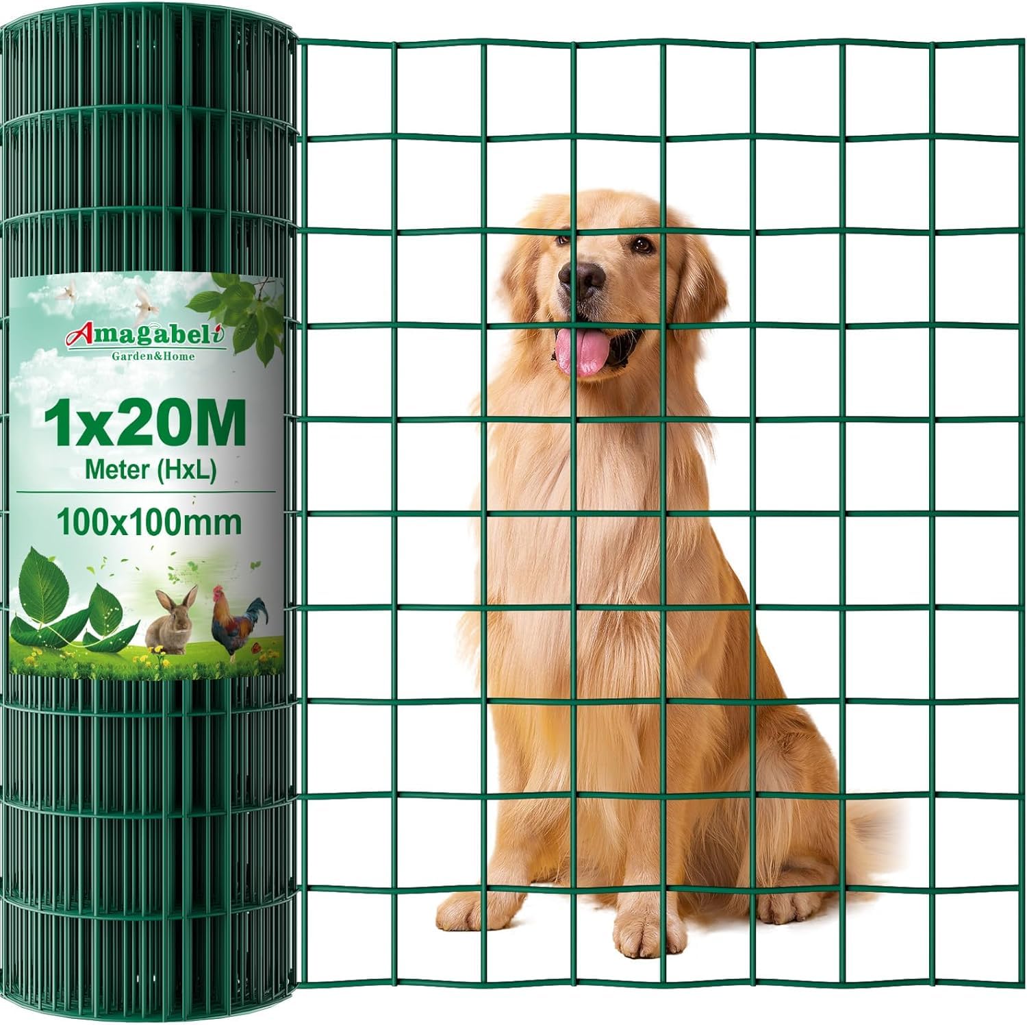 Amagabeli 1.0M x 10M Drahtzaun Grün | Gartenzaun aus Stahl mit PVC-Beschichtung | Maschendraht 50x75 mm | Sichtschutz, Hundegitter, Geflügelzaun, Kaninchendraht, Wildschutz