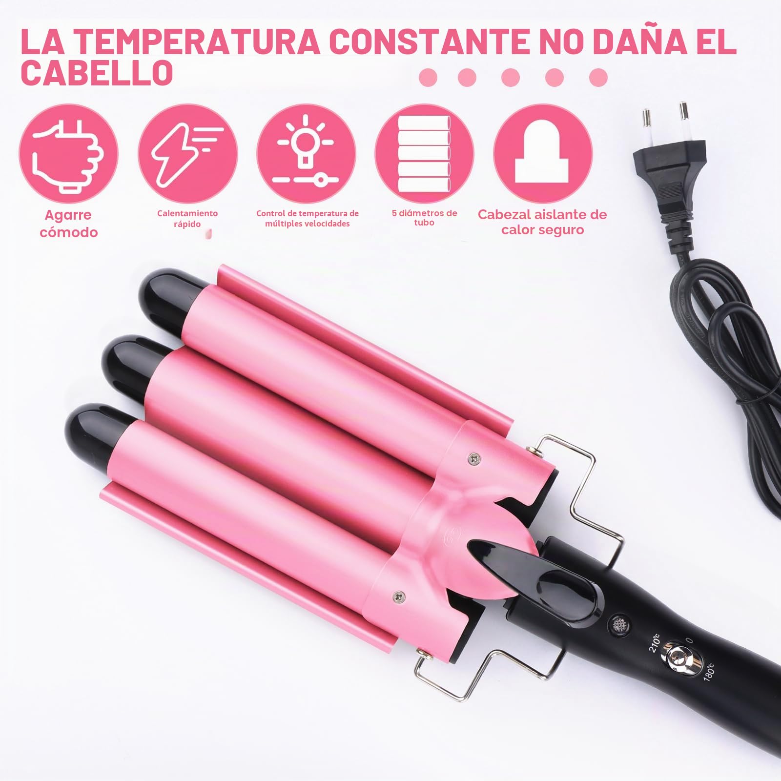 Rizador ondulado para el cabello, rizador de pelo con 3 barriles con temperatura ajustable, rizador de pelo ondulado, 25 mm, calentamiento rápido, gran onda para pelo largo y corto,