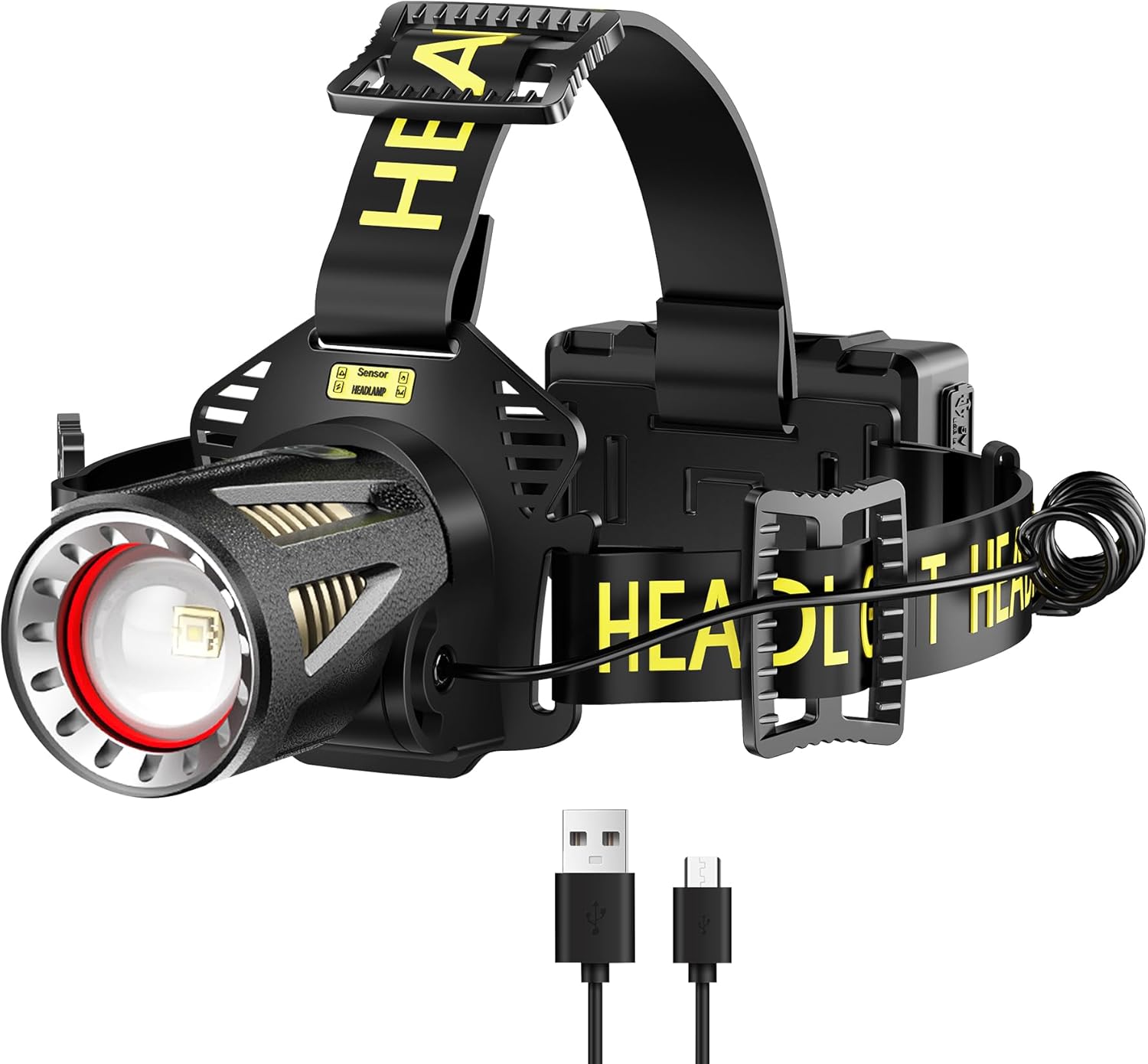 Long Throw Headlamp Rechargeable, Super Bright 9000mAh Head Lamp Light for Head, Zoomable USB-C Adults Gift