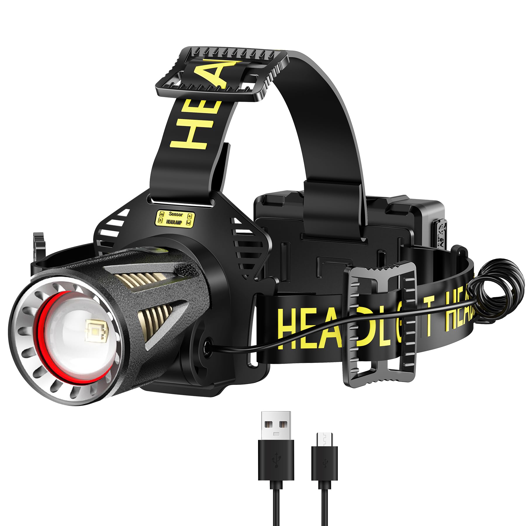 Verbesserte Long Throw Stirnlampe, High Lumen LED Stirnlampe, wiederaufladbar, Bewegungssensor, Kopf-Taschenlampe, super hell, Explorer