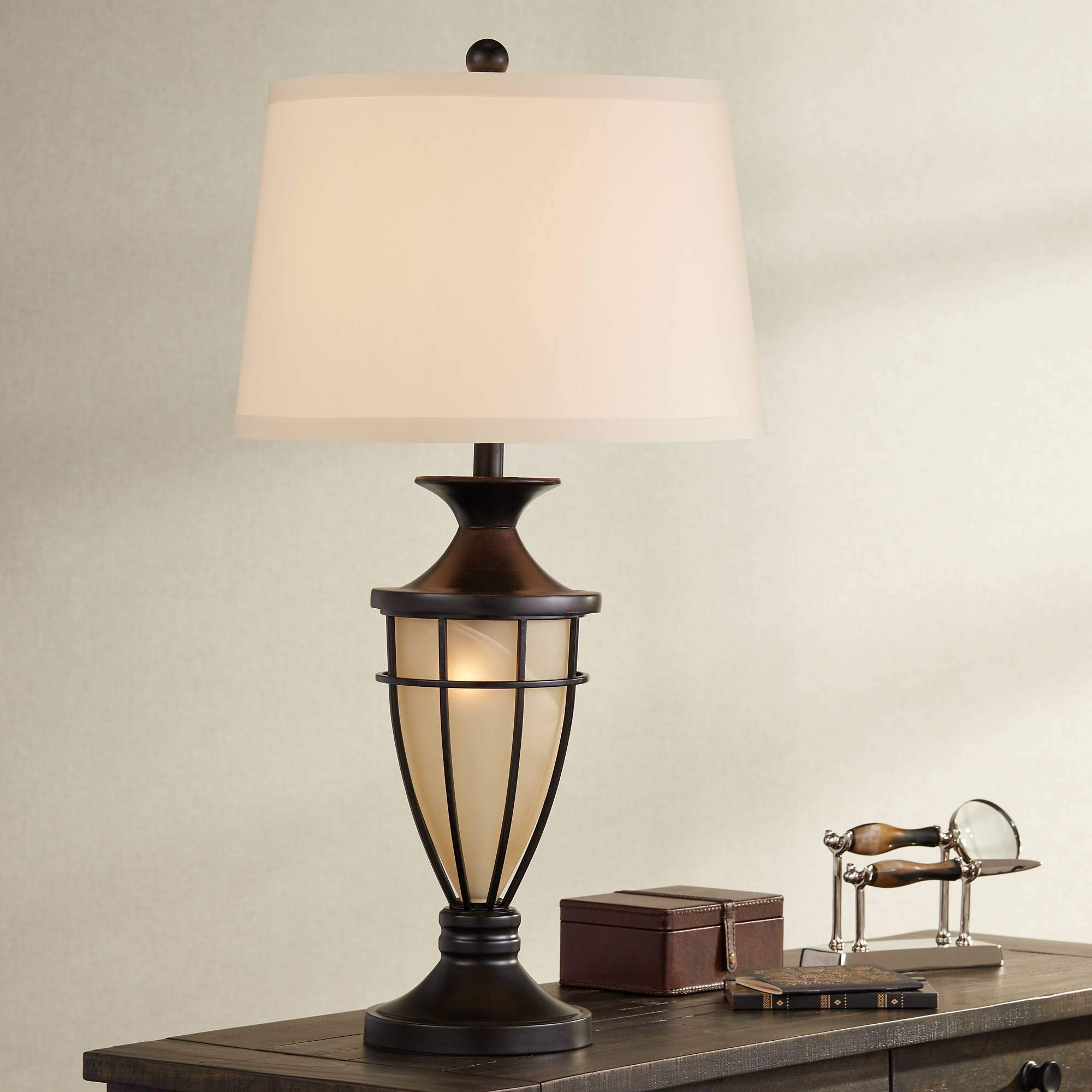 Cage 33" Large Table Lamps Set of 2 Night Light Bronze Brown Urn | Brushed Mission Lantern Nightlight Iron Living Room Bedroom House Bedside Nightstand Home Office Entryway Beige Shade