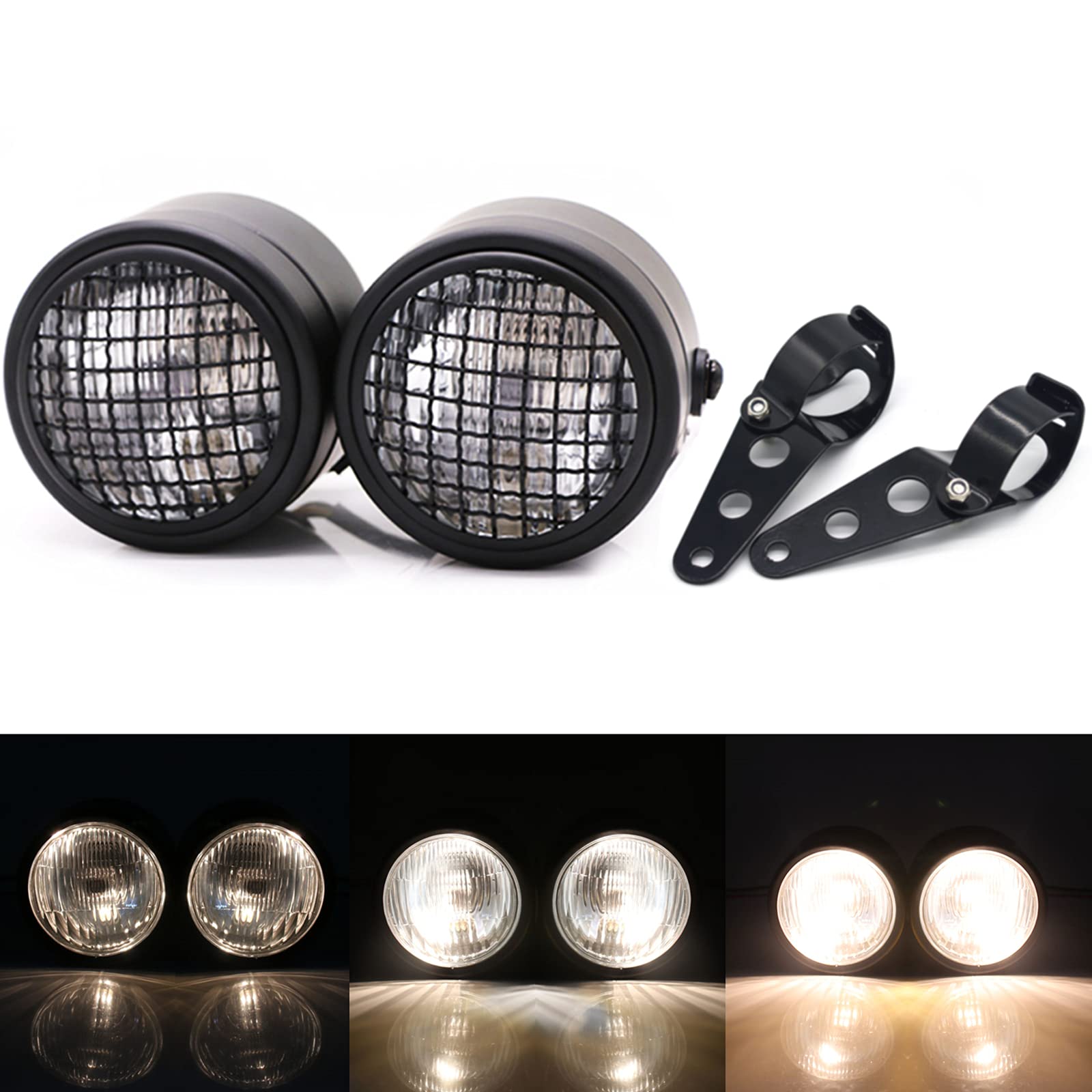 Phare double moto avec couvercle de calandre et support de montage, phare avant halogène à double lampe rétro pour Bobber Street Fighter Naked Cafe Racer Dominator (Style 1)
