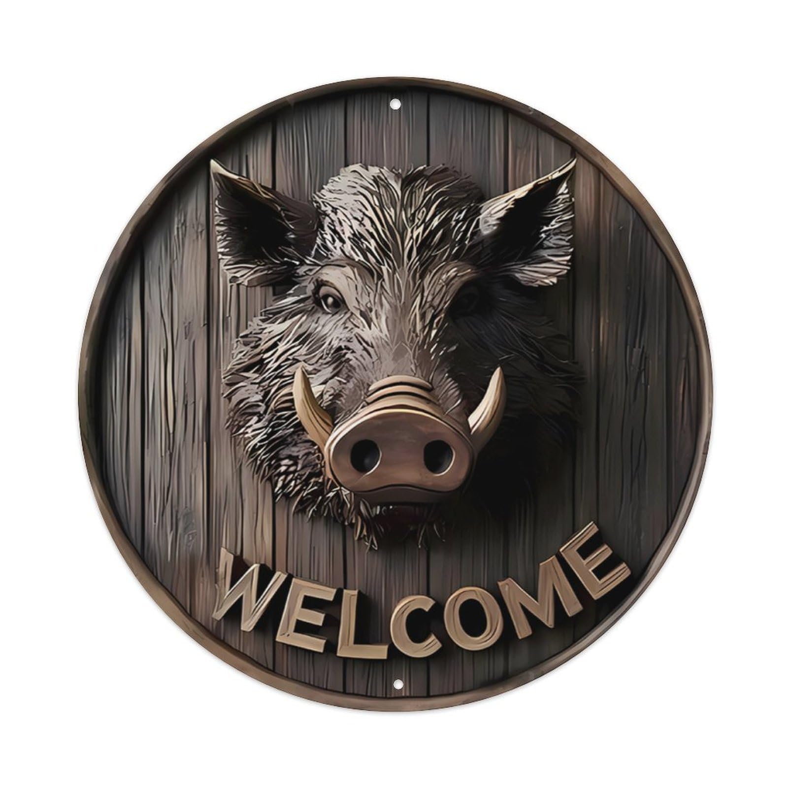Ldfuieksufg Style Wild Boar Welcome Wooden Round Metal Sign Vintage Aluminium Metal Sign, Retro Wall Decor For Home, Bar, Garage & Farmhouse 20X20cm