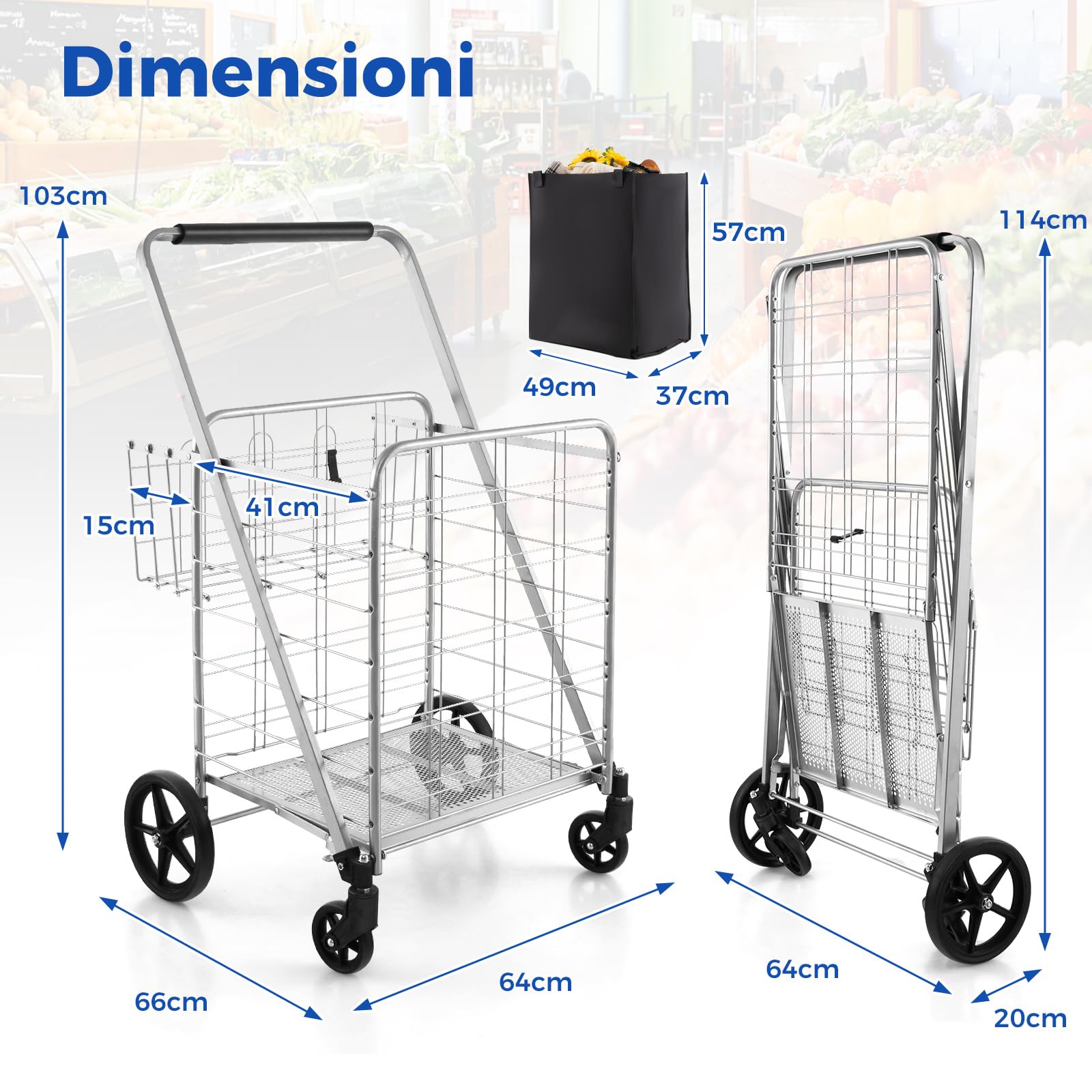 COSTWAY Carrello Portaspesa Pieghevole con Sacca, Carrello della Spesa Pieghevole con Ruote Girevoli a 360°, 2 Cesti, Capacità di Carico: 150 kg, 126 L, 66 x 64 x 103 cm (Argento)