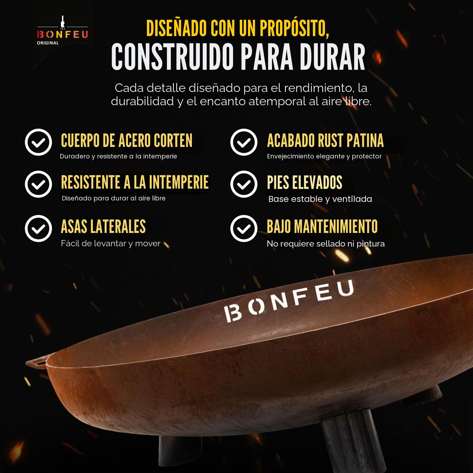 Cuenco de Fuego BonFeu BonBowl Acero Corten - Hoguera de Exterior - Braseros de 60 a 150 cm (Marrón óxido, Ø80 Pies y Asa)