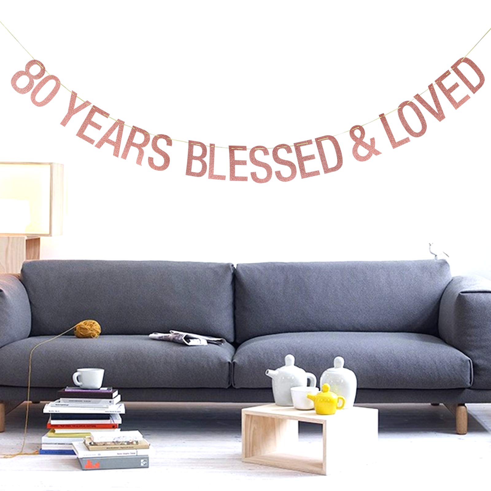 Pancarta de 80 años bendecidos y amados – para 80 aniversario/80 cumpleaños pancarta, 80 aniversario / 80 cumpleaños decoraciones (oro rosa)