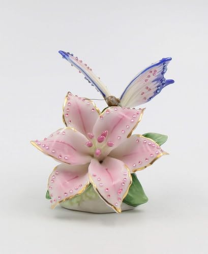 Cosmos Gifts Figura de mariposa de porcelana fina con flor de lirio Stargazer rosa, 3-1/4 pulgadas de alto