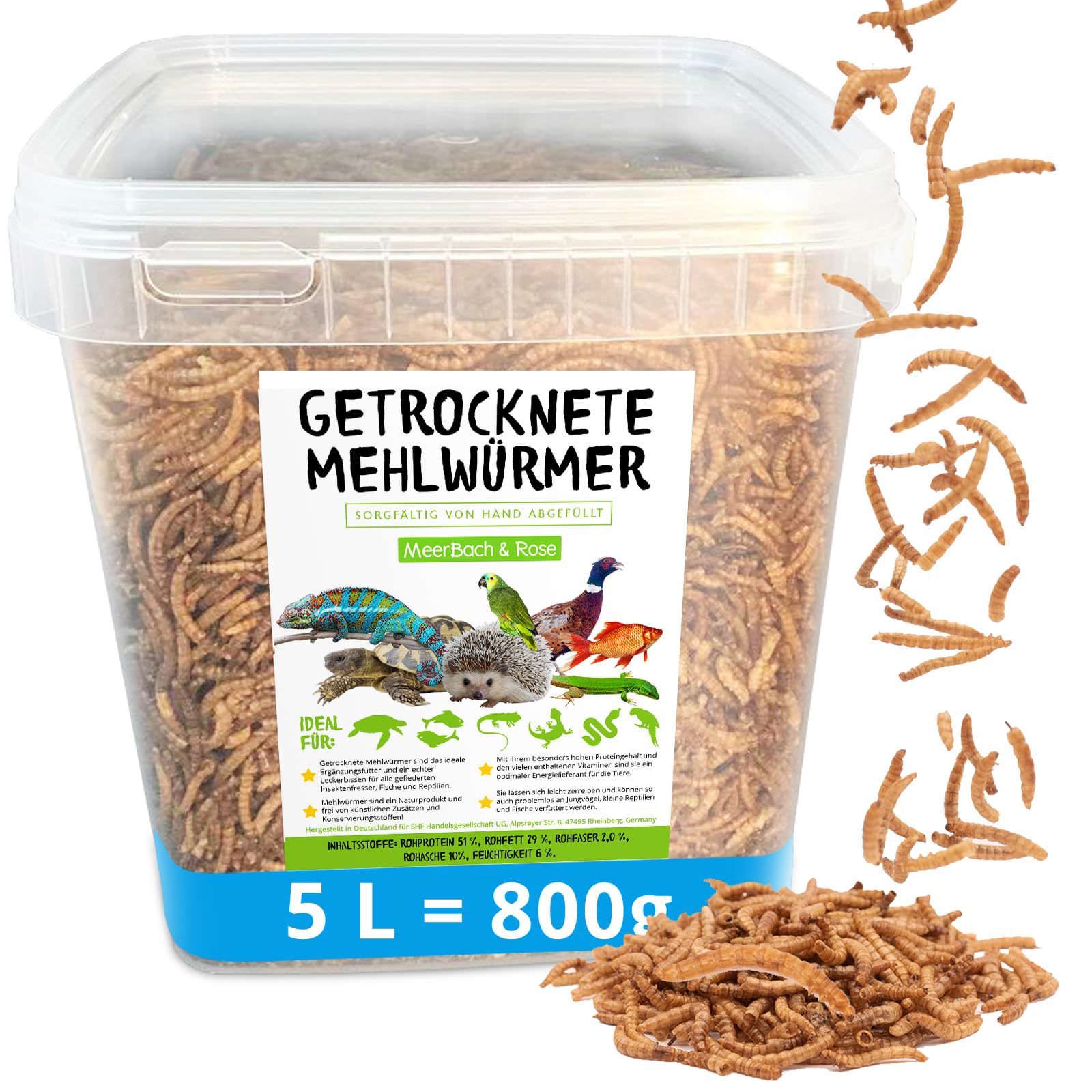 Mehlwürmer getrocknet, 800g (entspricht 5 L) getrocknete Mehlwürmer im praktischen Eimer, proteinreicher Snack für Wildvögel, Fische, Reptilien und Nager