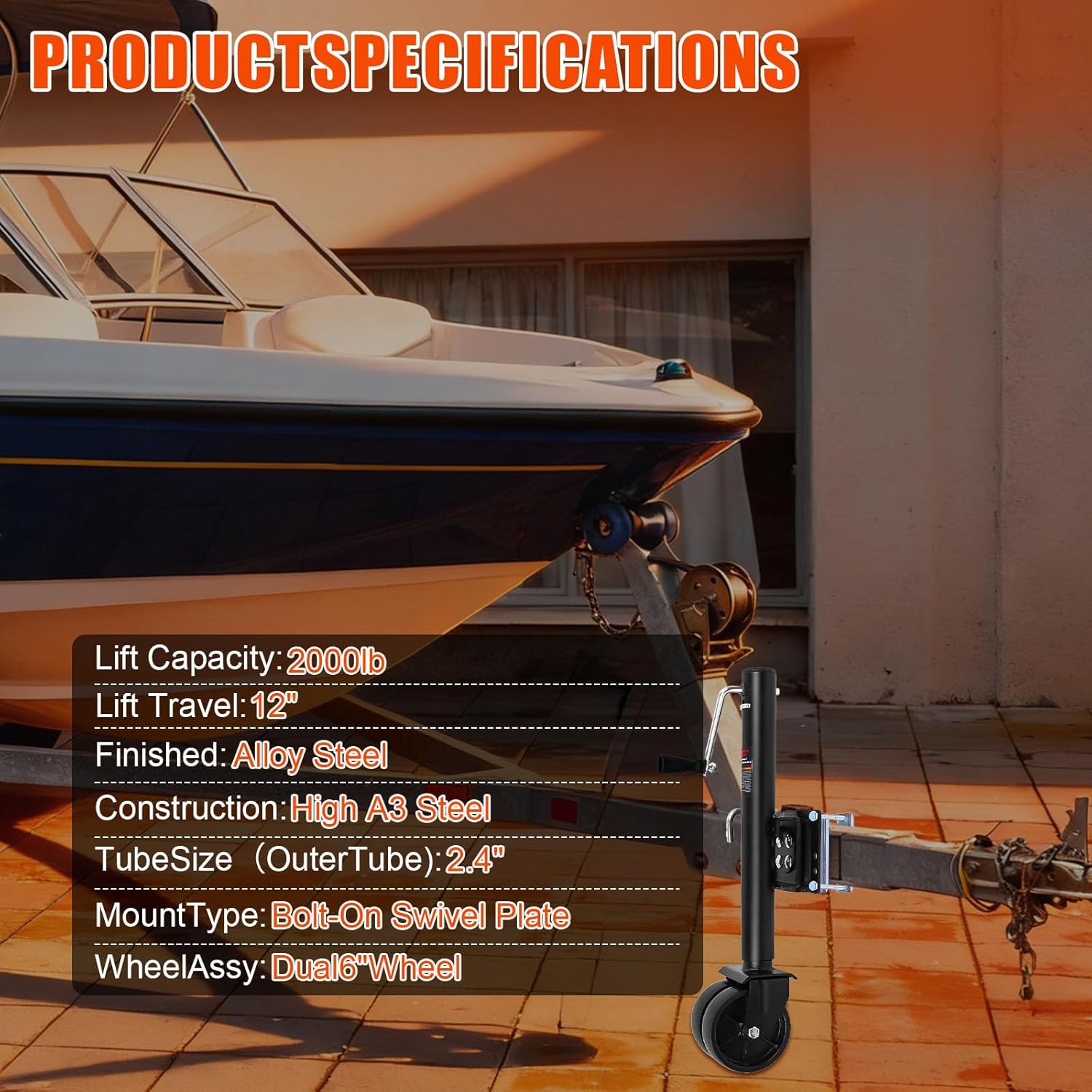 2000 lbs Trailer Jack with Wheel, with Bolt-on Mounting Hardware, 12 Inch Lift, Capacity Swivel Boat Trailer Jack with Dual Wheel 6 Inch Swing Back RV Camper