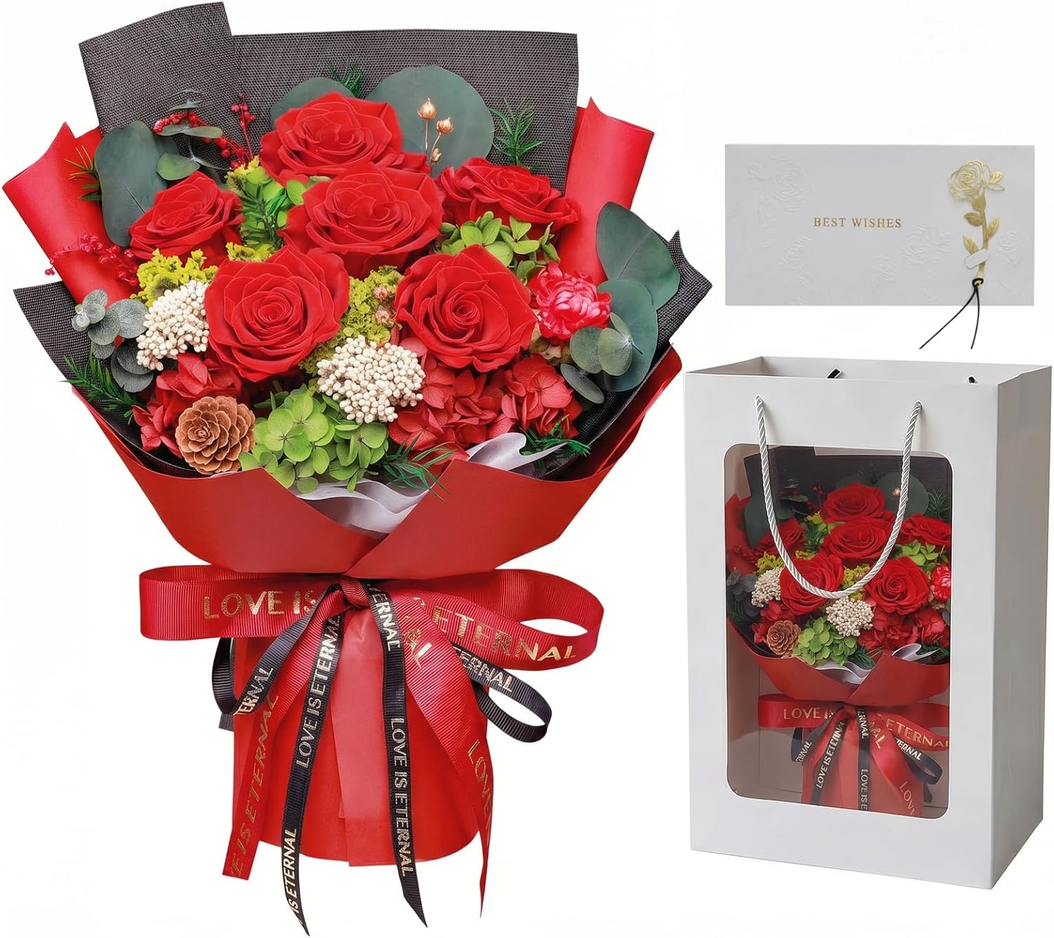 Preserved Red Rose Bouquet, 100% Real Flowers for Women Mother Wife, Long-Lasting Eternal Roses with Gift Box, Forever Flowers for Anniversary Birthday Mother's Day, Lasts 3-5 Years