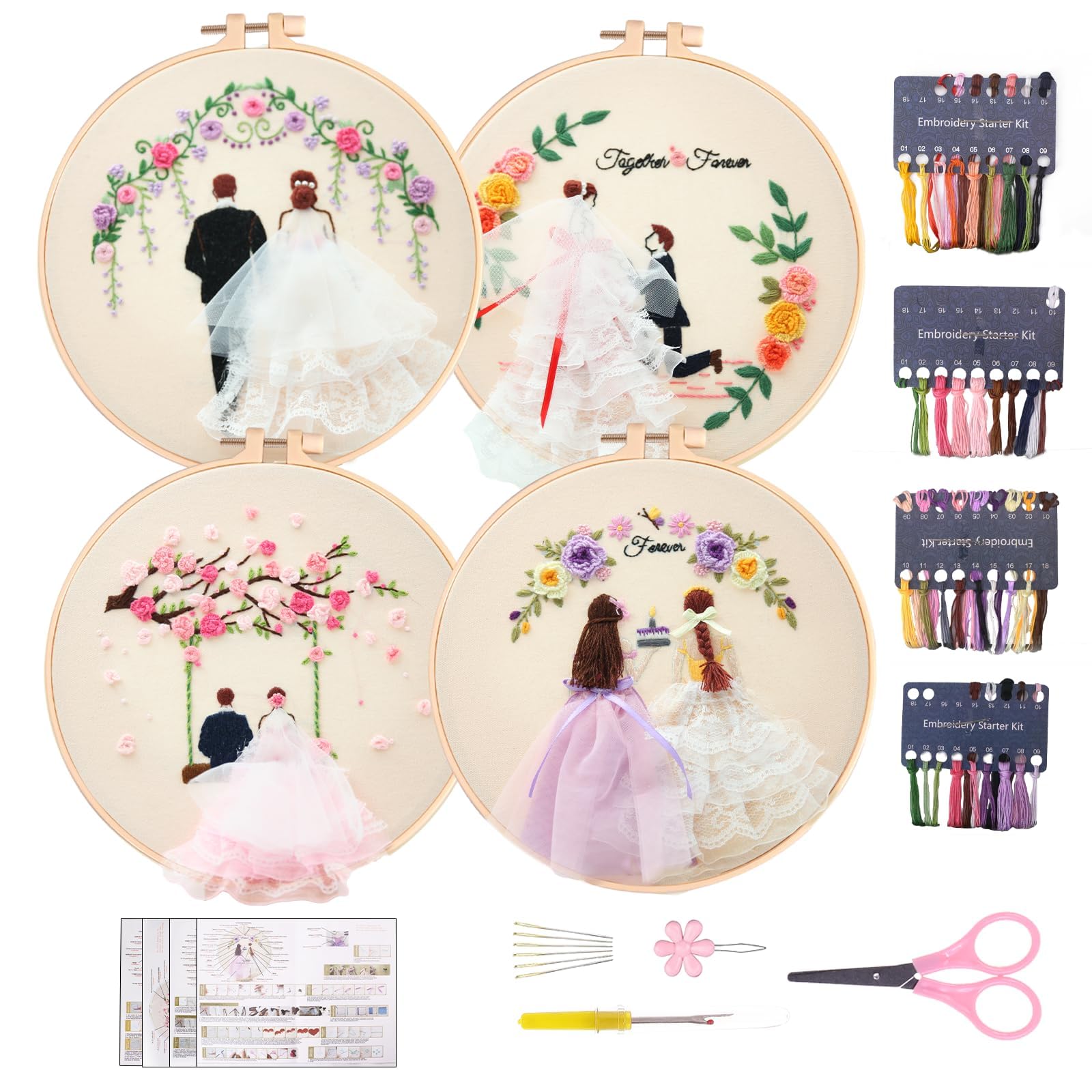 MAKINGTEC Embroidery Kit for Beginners, Hand DIY Cross Stitch Kits, Plants Flowers Embroidery and Wedding Patterns with Embroidery Hoops and Color Threads for Adults Kids (Wedding)